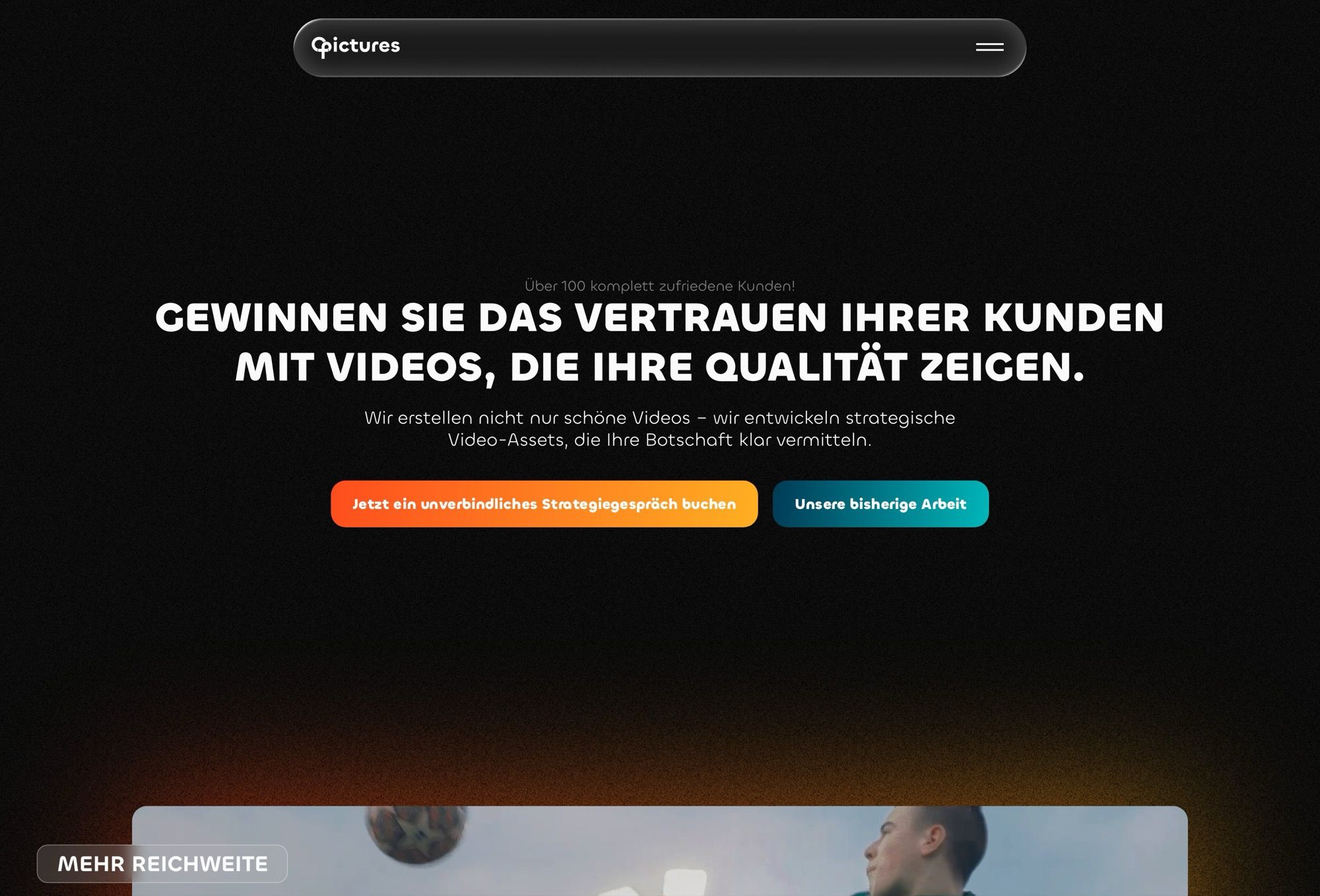 Startseite von C-Pictures mit der Überschrift «Gewinnen Sie das Vertrauen Ihrer Kunden mit Videos, die Ihre Qualität zeigen»