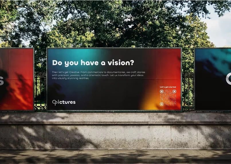 Plakat im Markensystem: dunkler Grund mit körnigem Verlauf, Frage «Do you have a vision?», Wortmarke und QR-Code