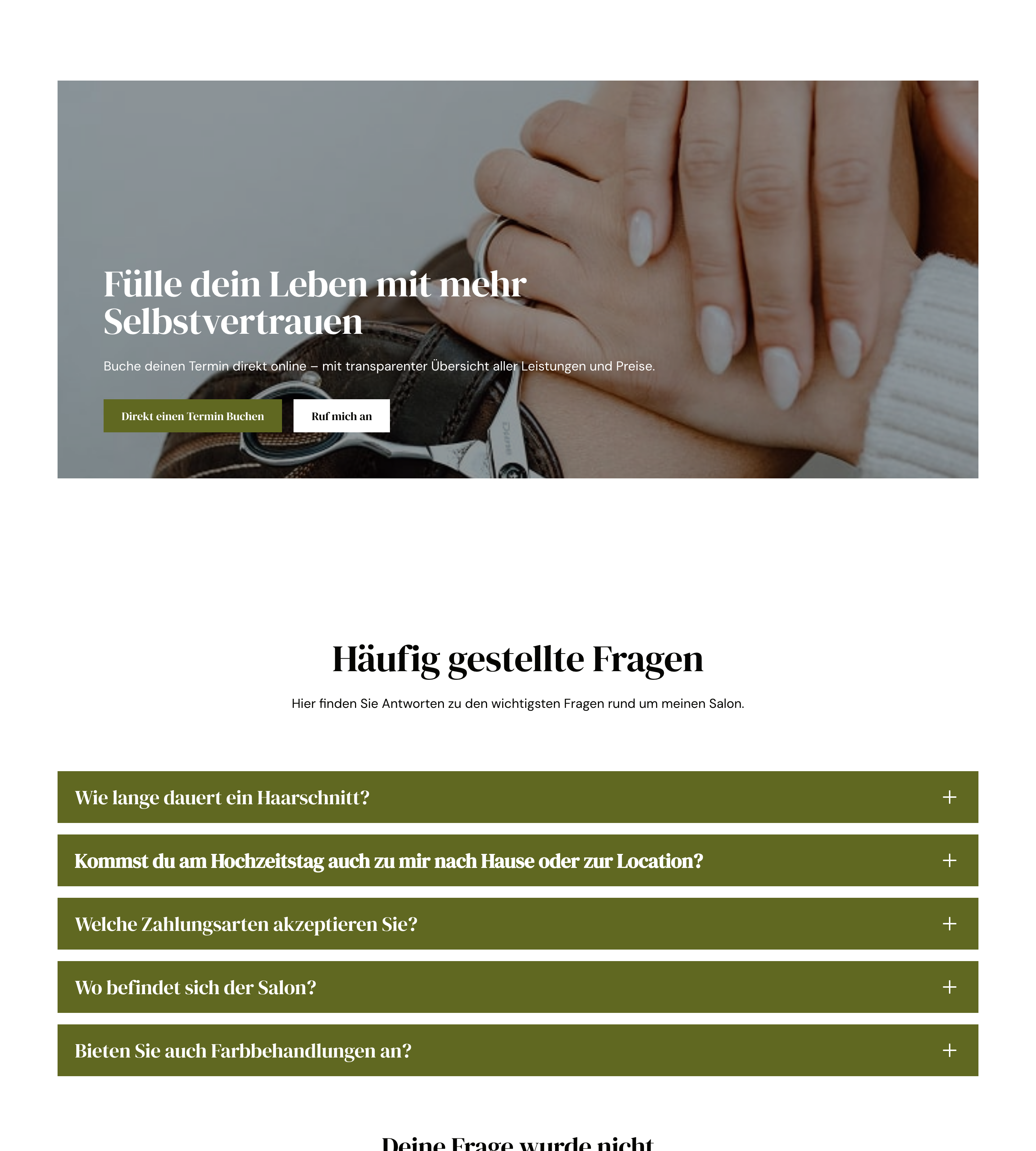 Abschnitt zur Terminbuchung mit Link ins Buchungssystem, darunter die häufigen Fragen