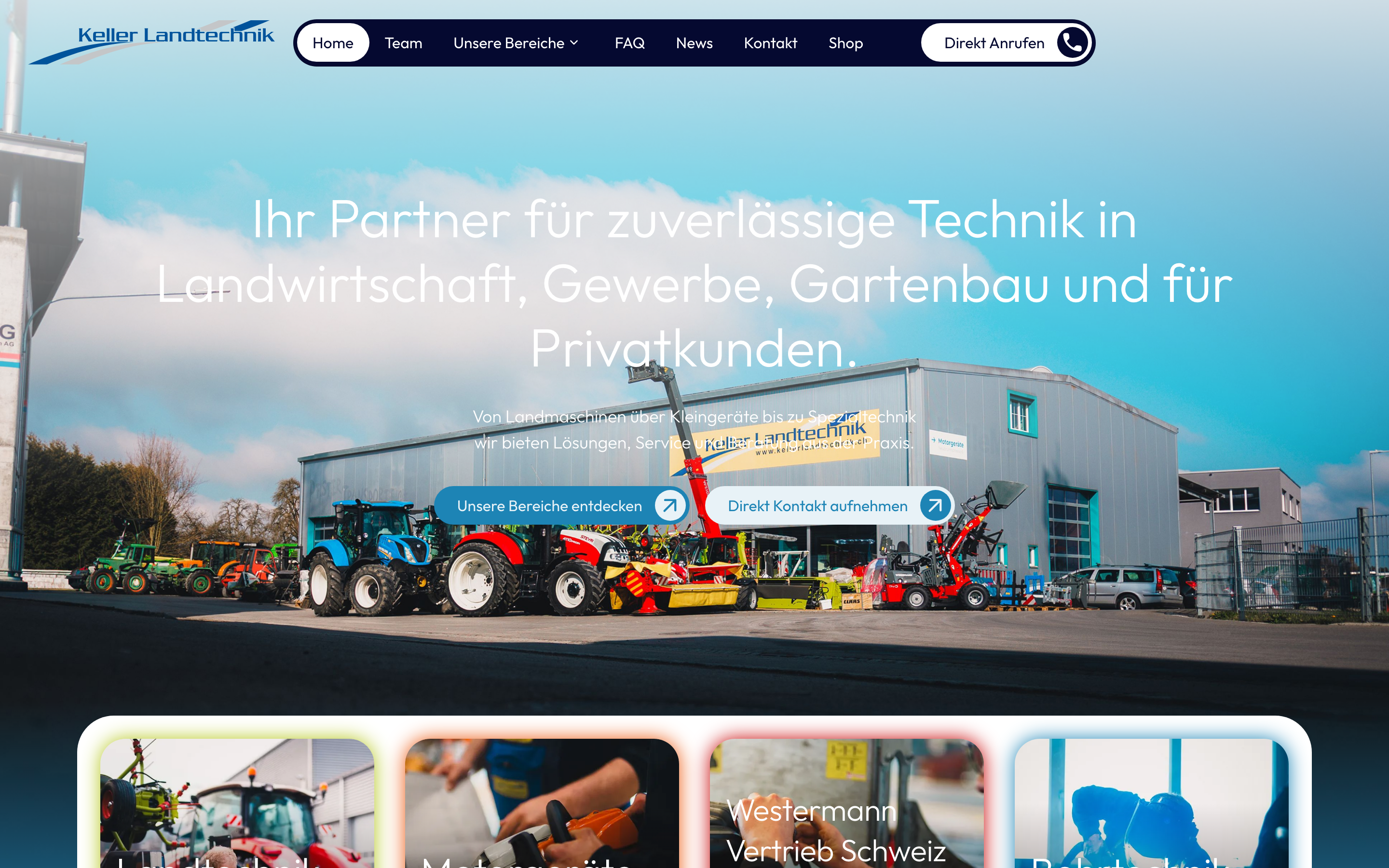 Startseite von Keller Landtechnik mit den vier Bereichen als Karten