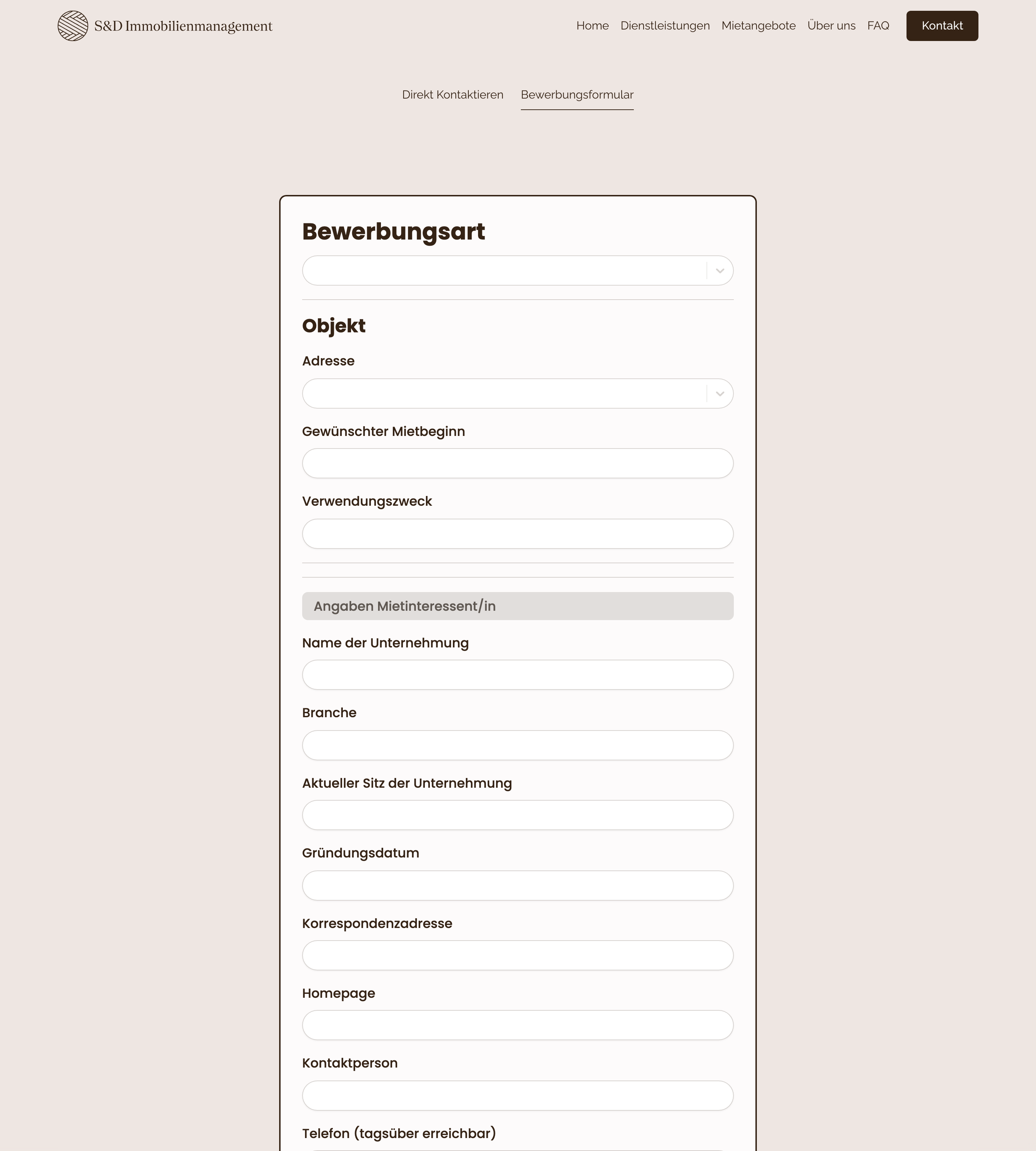 Das Bewerbungsformular auf der Kontaktseite, Feld für Feld statt als PDF im Anhang