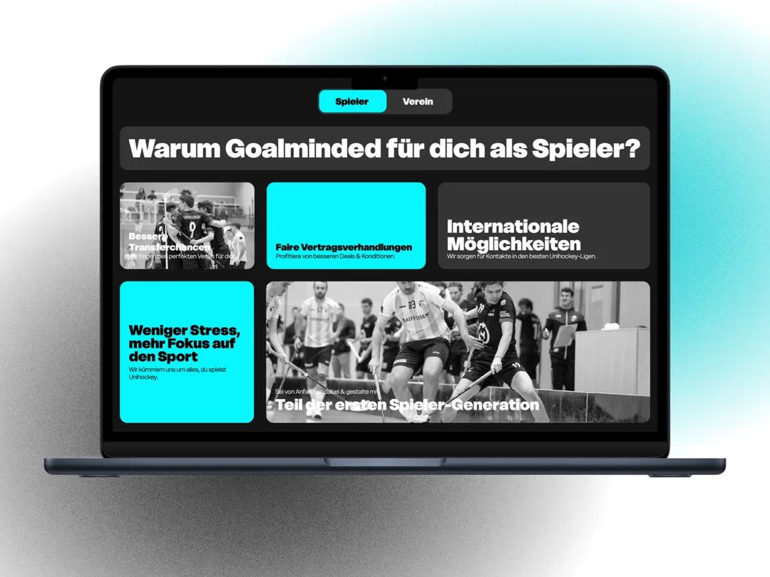 Ein Umschalter trennt Spieler und Verein: «Warum Goalminded für dich als Spieler?» mit vier Karten zu Transferchancen, Verträgen, internationalen Möglichkeiten und Fokus auf den Sport