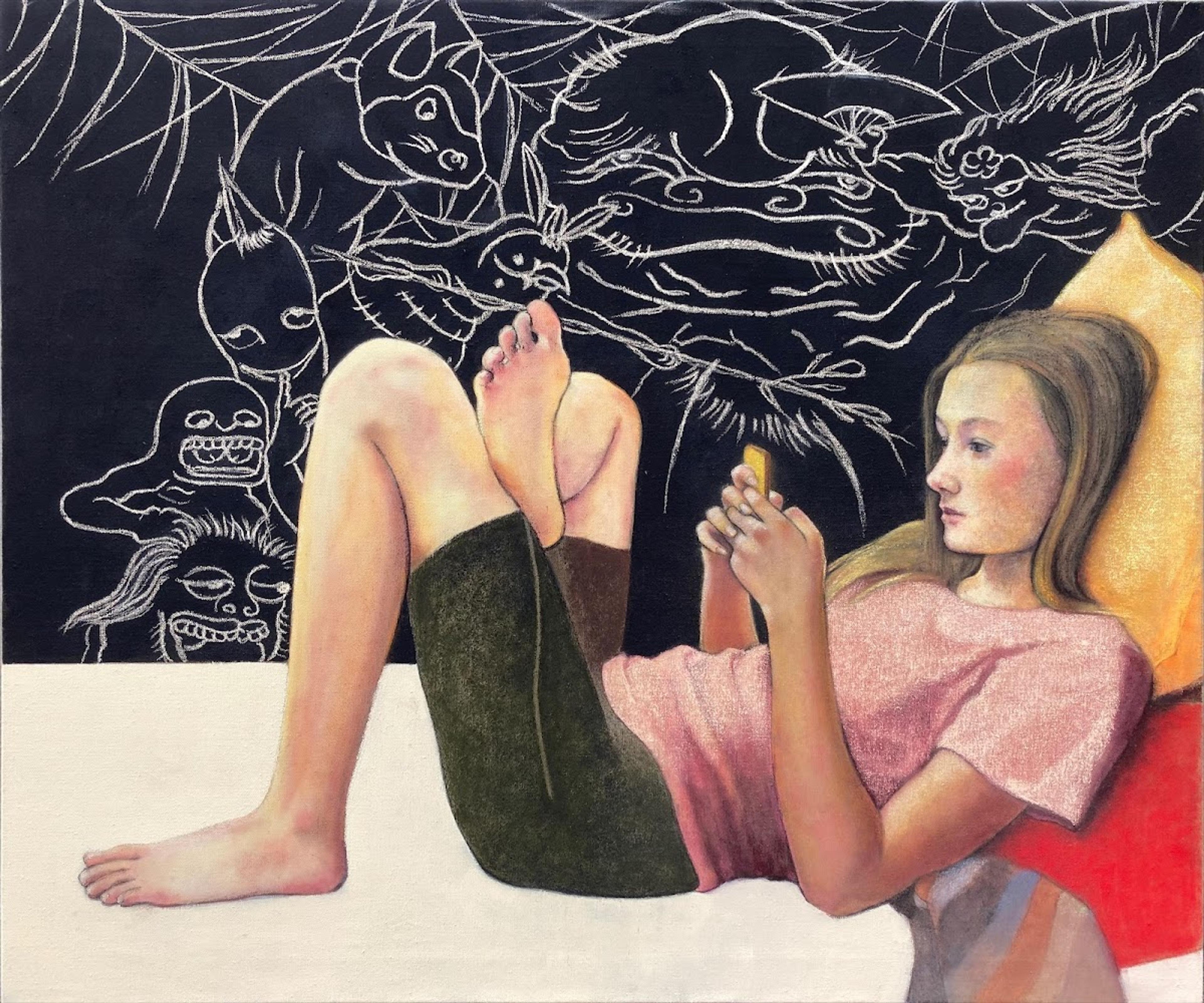 A young girl lying on a couch with her iphone. Drawn with pastels and charcoal on primed canvas.