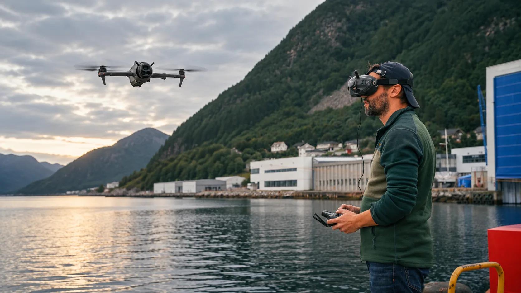 FPV-prillidega droonipiloot juhib drooni fjordi kohal tööstussadama juures