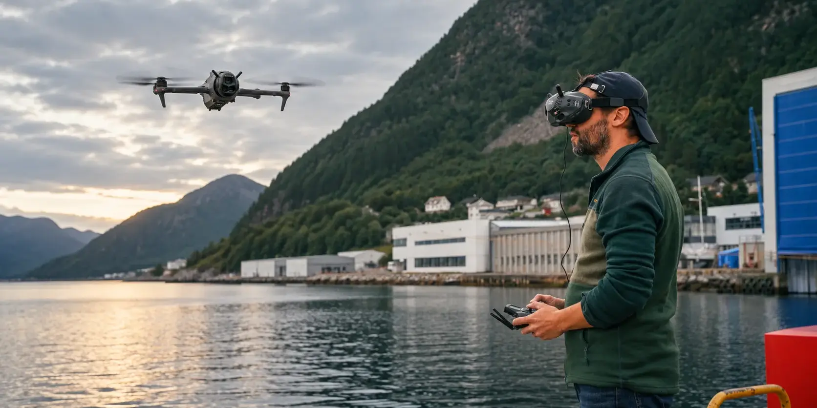 FPV-prillidega droonipiloot juhib drooni fjordi kohal tööstussadama juures