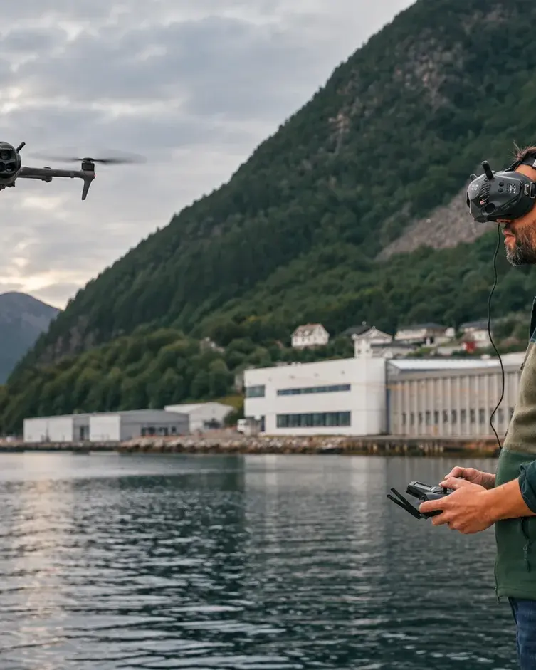 FPV-prillidega droonipiloot juhib drooni fjordi kohal tööstussadama juures