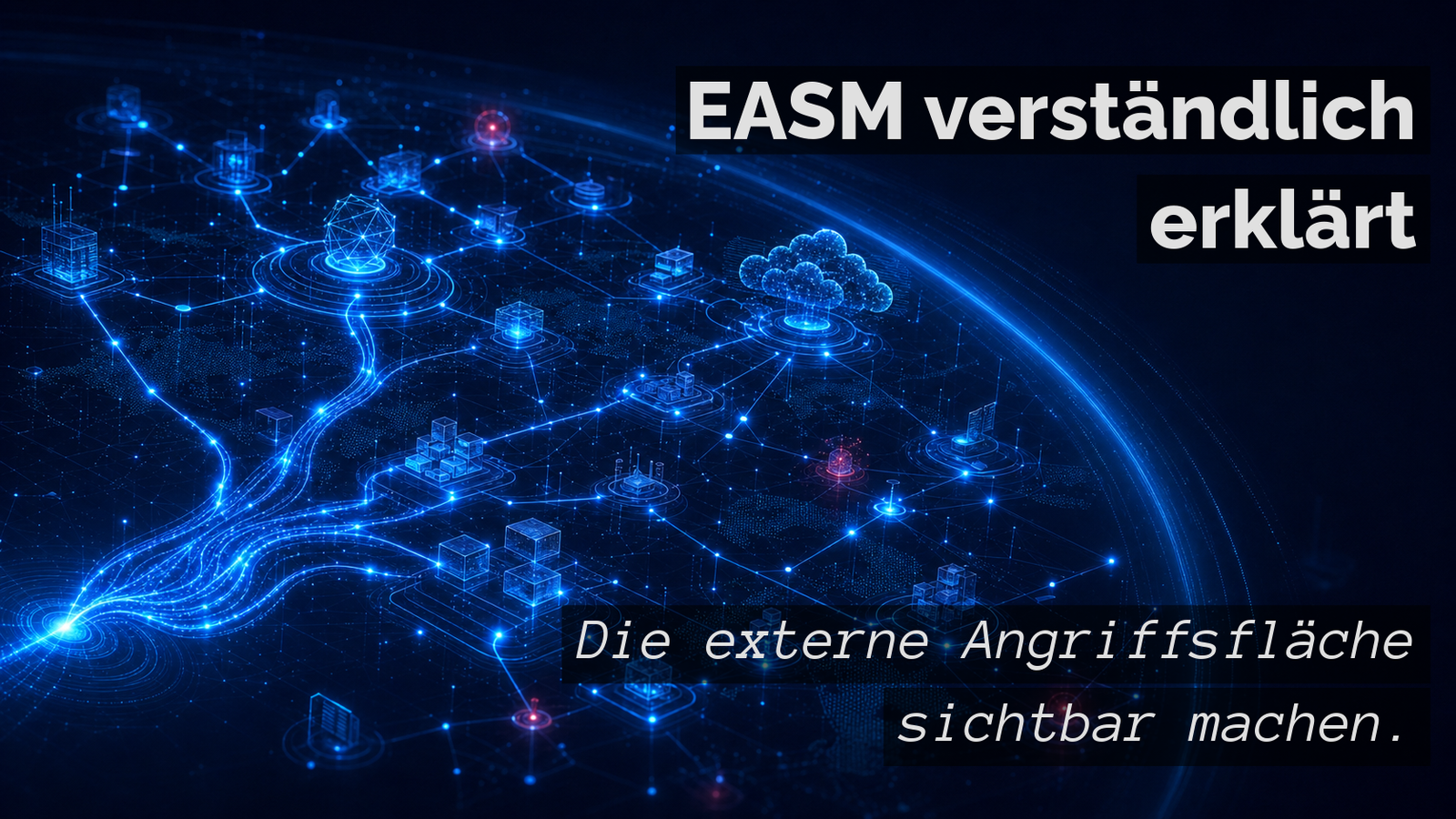 Digitale Asset-Landschaft mit Scan-Linse zur Sichtbarmachung der externen Angriffsfläche