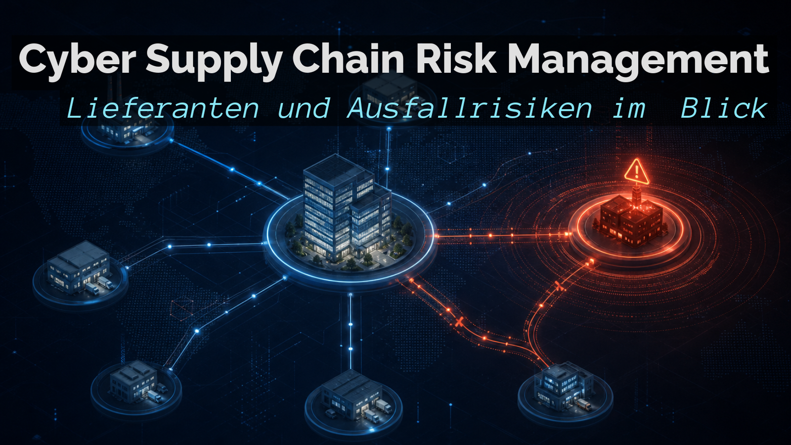 Digital supply chain with connected company and supplier nodes; a disrupted supplier signals a potential outage risk.