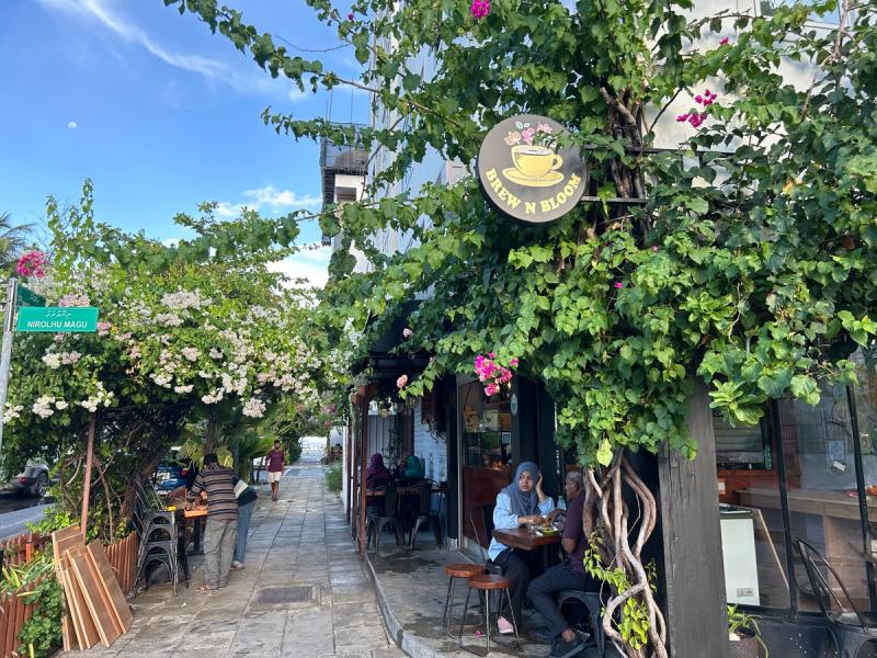 Brew N Bloom's round sign among bougainvillea on the Nirolhu Magu corner, with tables under the greenery