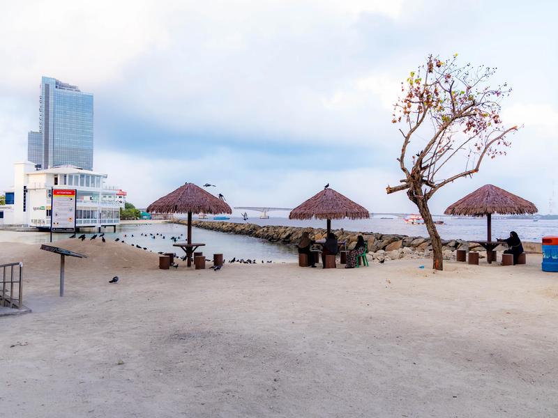 Sandy beach with thatched umbrellas, pigeons and a city tower across the water at Rasfannu Beach