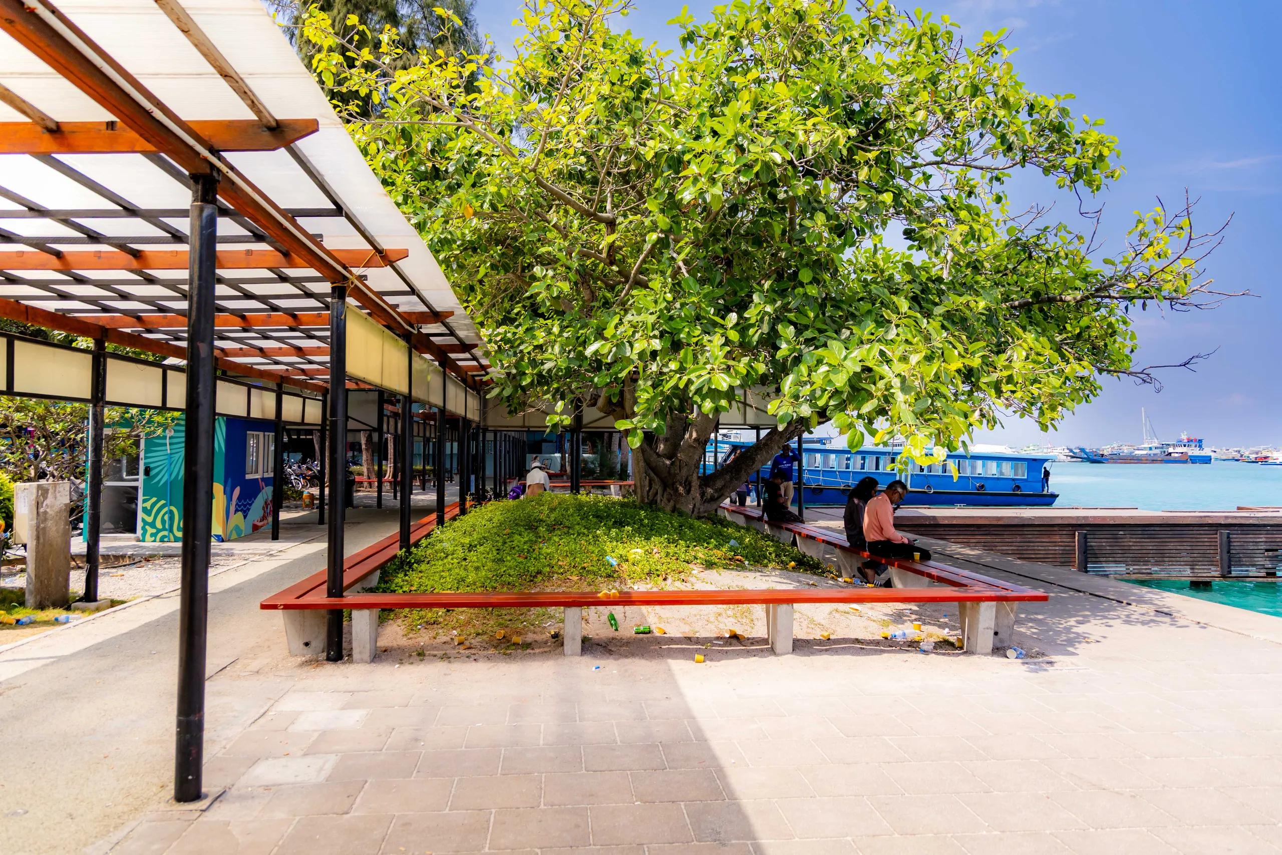 A shaded waterfront waiting area and a blue ferry at Hulhumalé ferry terminal