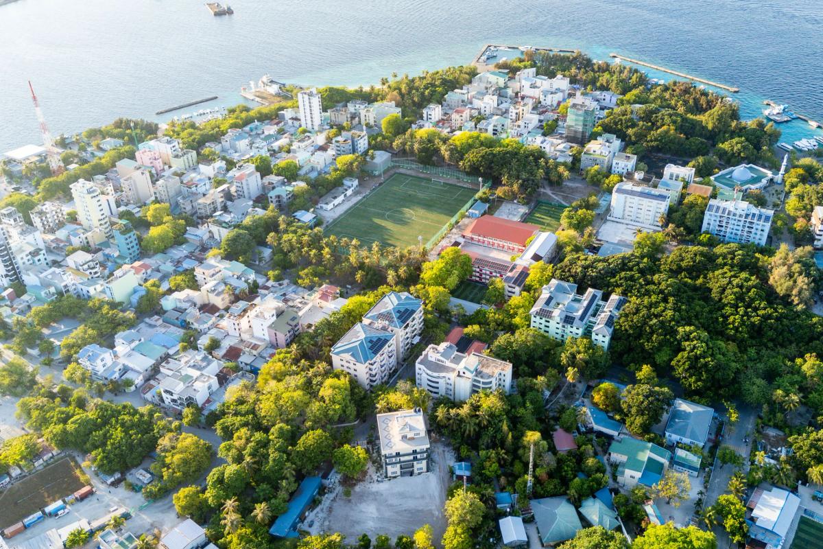 Aerial view of Vilimalé's trees and rooftops in warm evening light