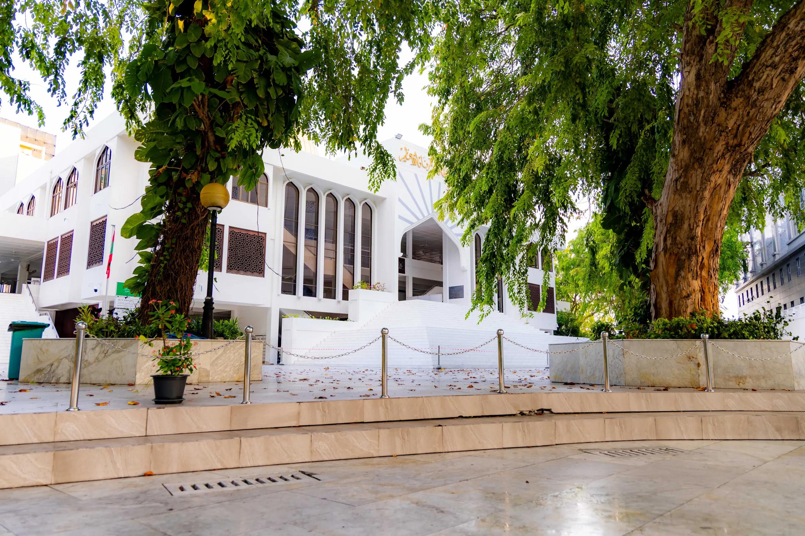 The Islamic Centre in Malé with its gold dome, framed by two large trees across the forecourt