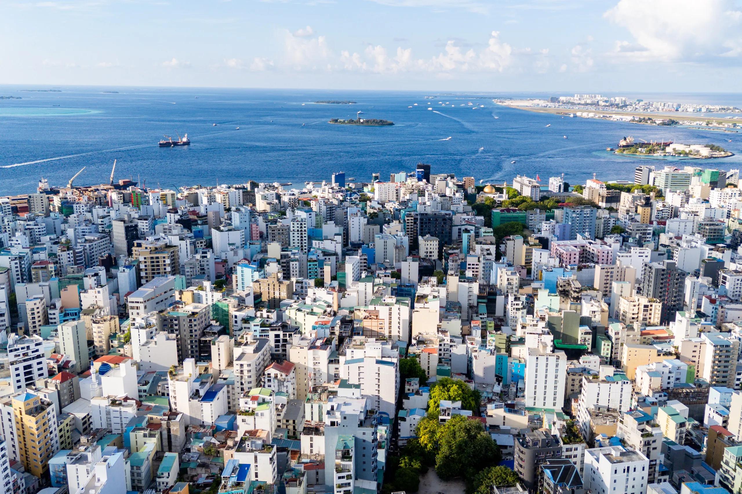 Aerial view of Malé city and the surrounding ocean