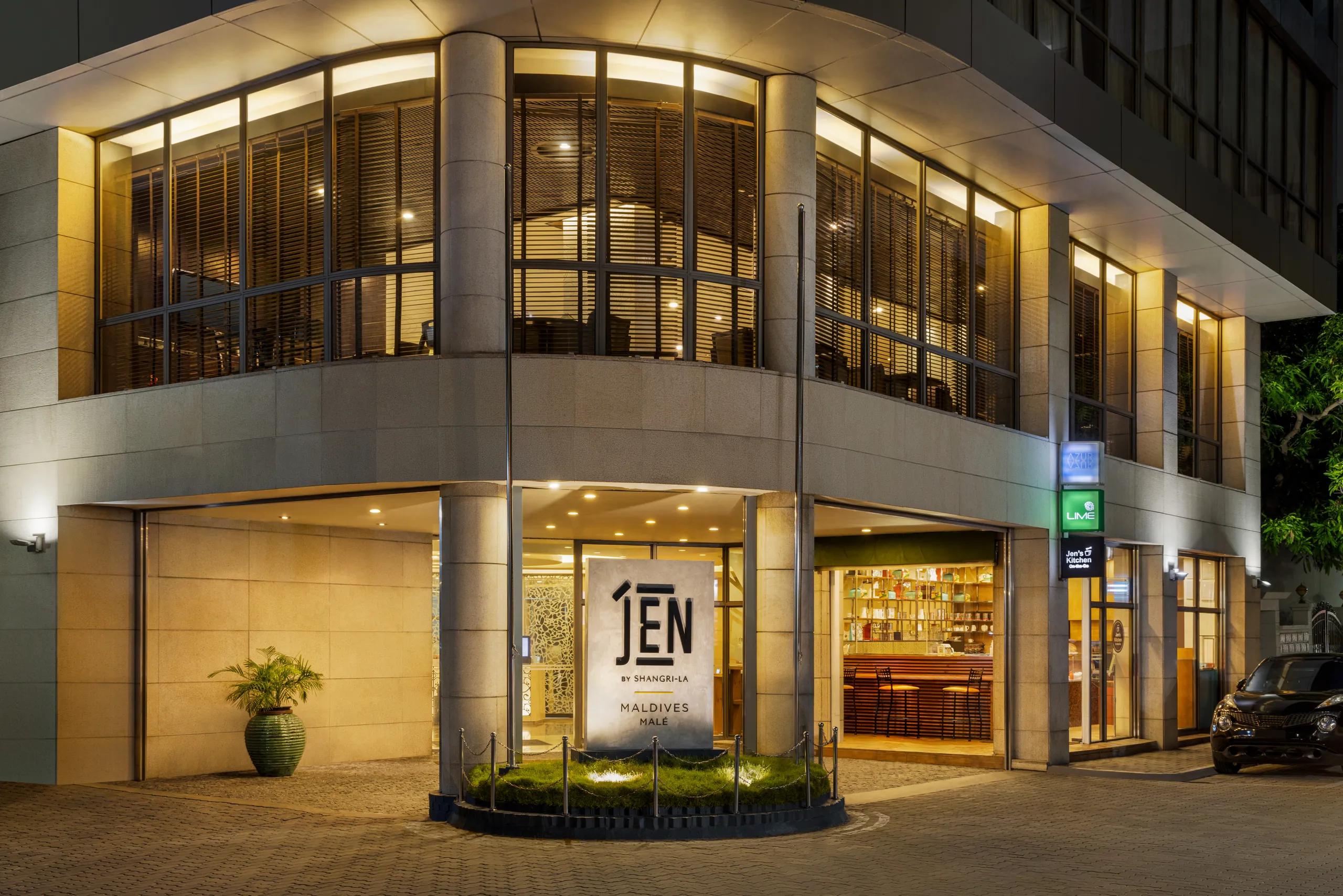 Illuminated street entrance of JEN Maldives Malé by Shangri-La at night