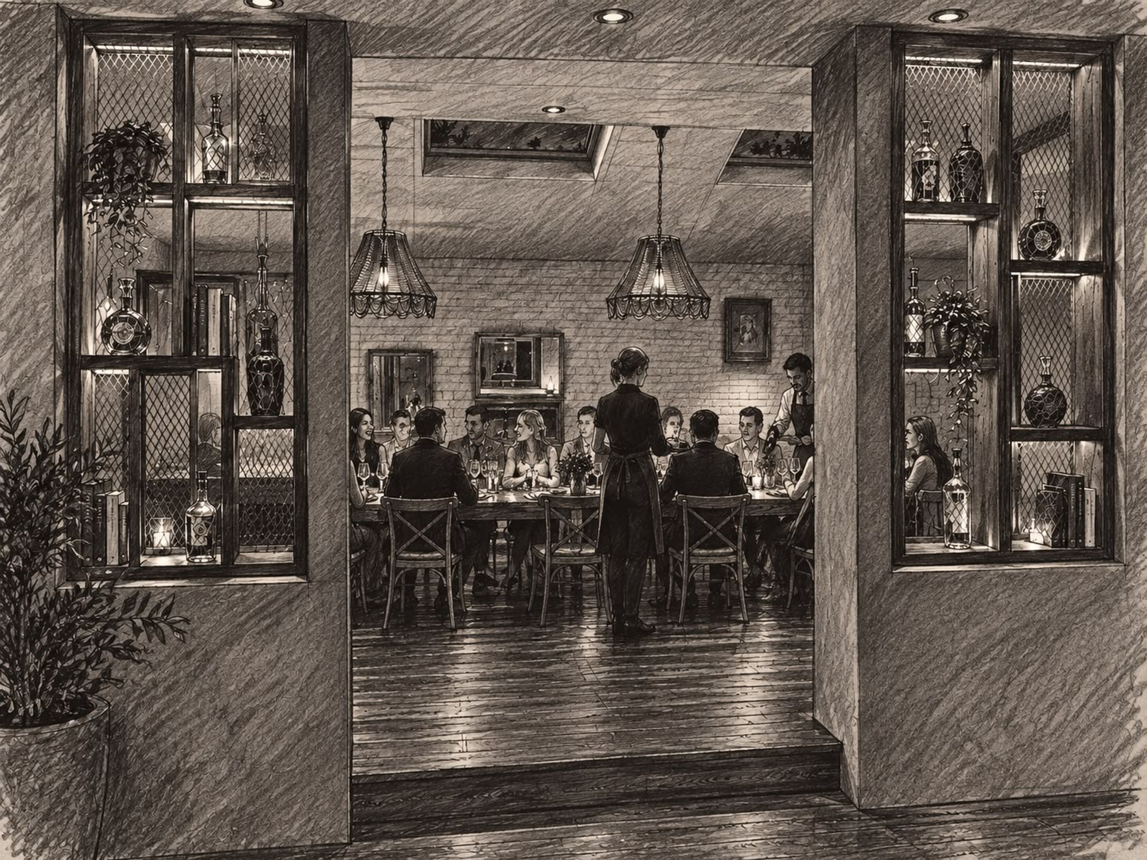 The Black Rabbit's private dining room, long table set for a group