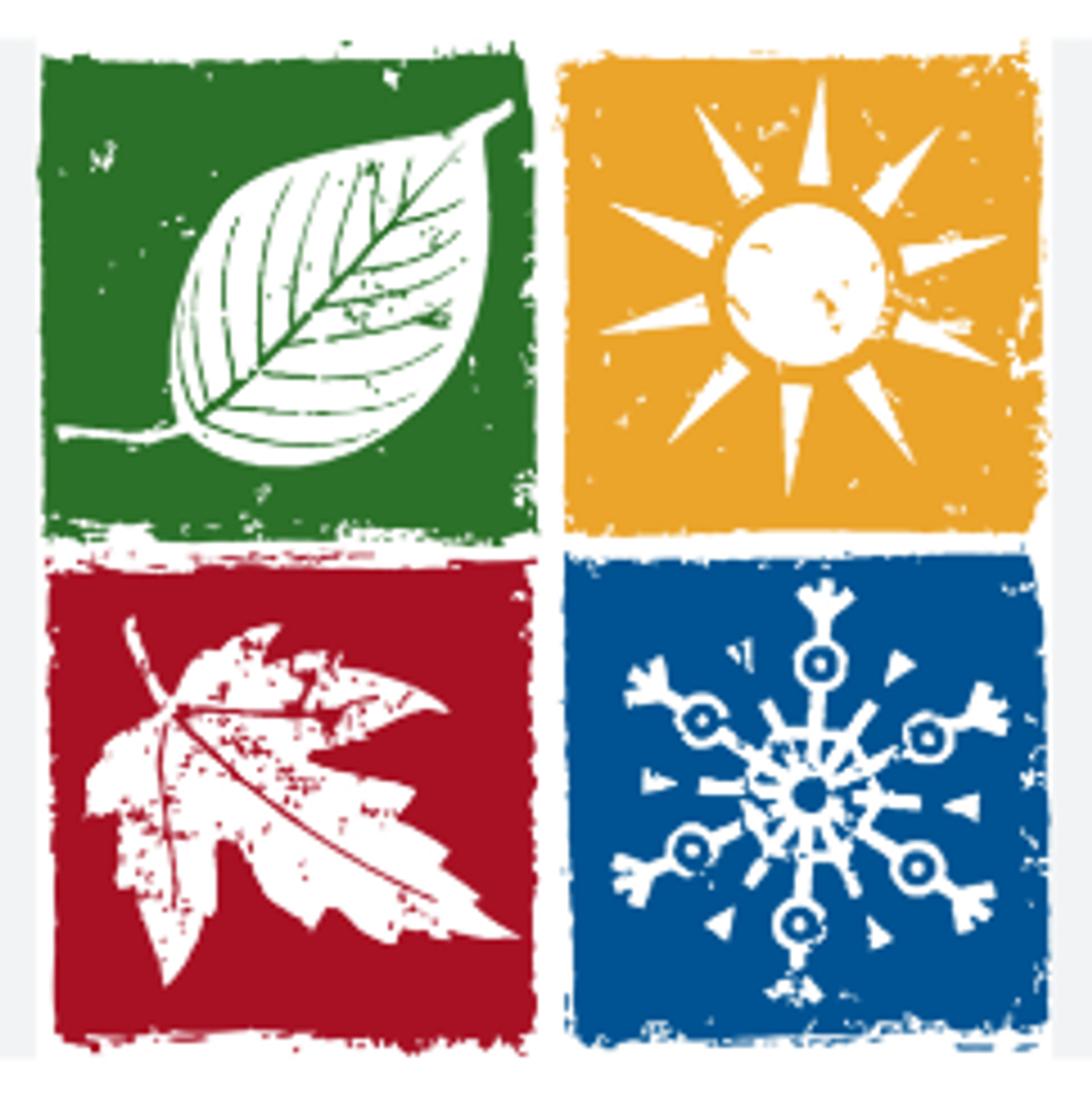 Imagem de folhas, sol e flocos de neve representando as estações do ano. 