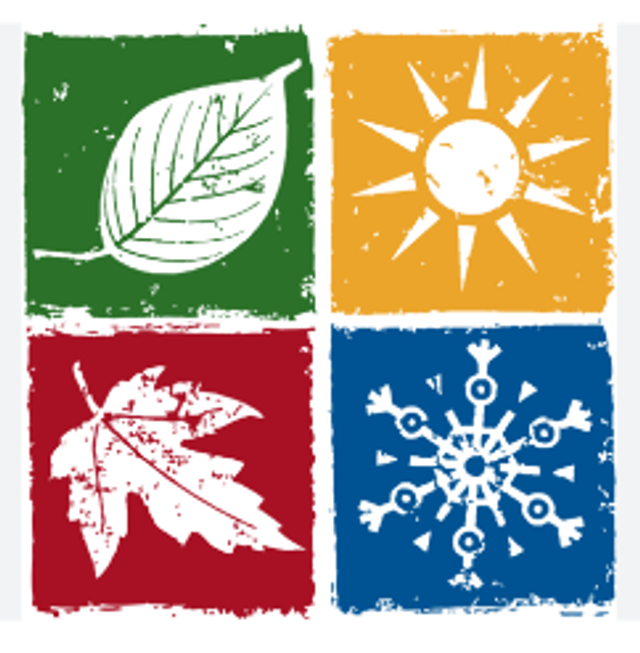 Imagem de folhas, sol e flocos de neve representando as estações do ano.