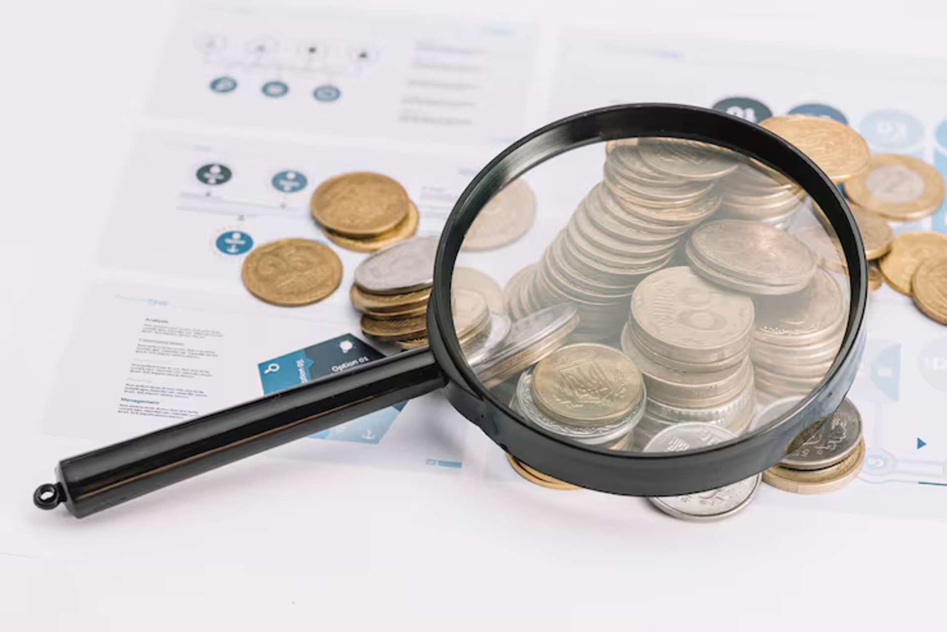 Lupa sobre pilhas de moedas e documentos financeiros com gráficos.