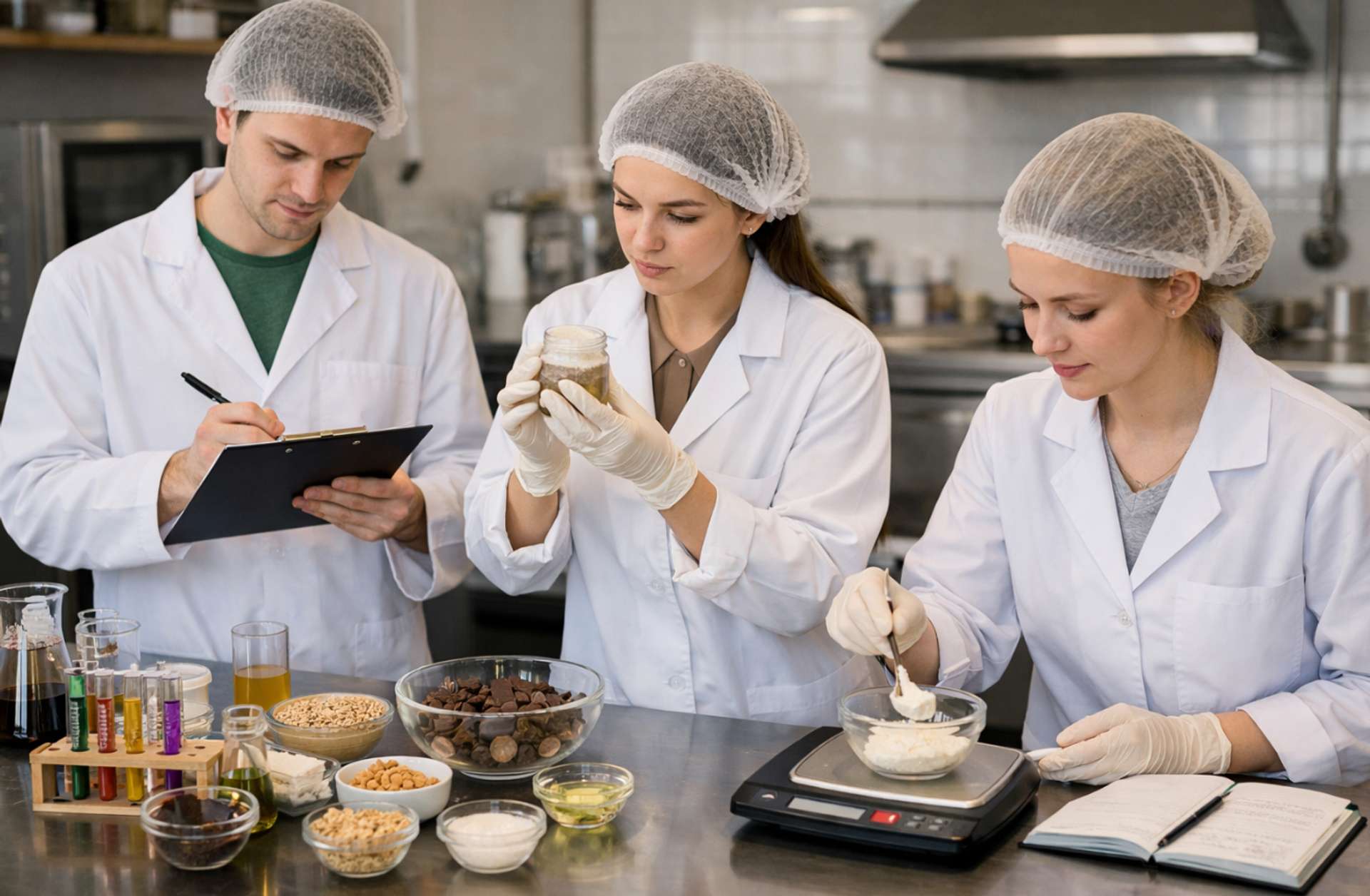 Profissionais analisando ingredientes e formulações em uma cozinha experimental.