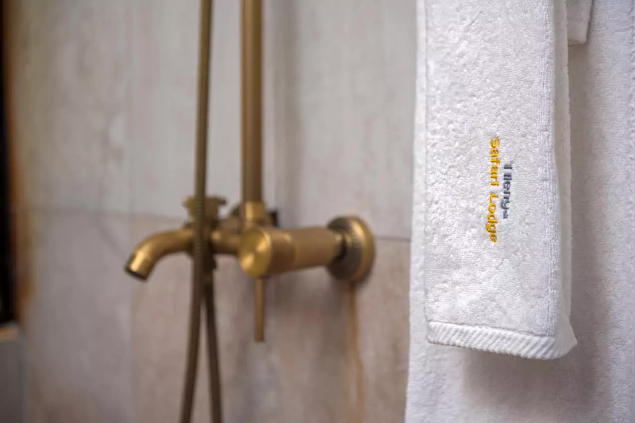 Brass shower fittings and a lodge towel