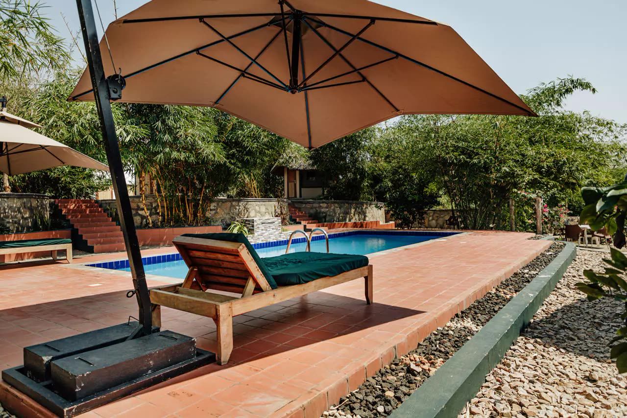 The swimming pool with loungers and a parasol