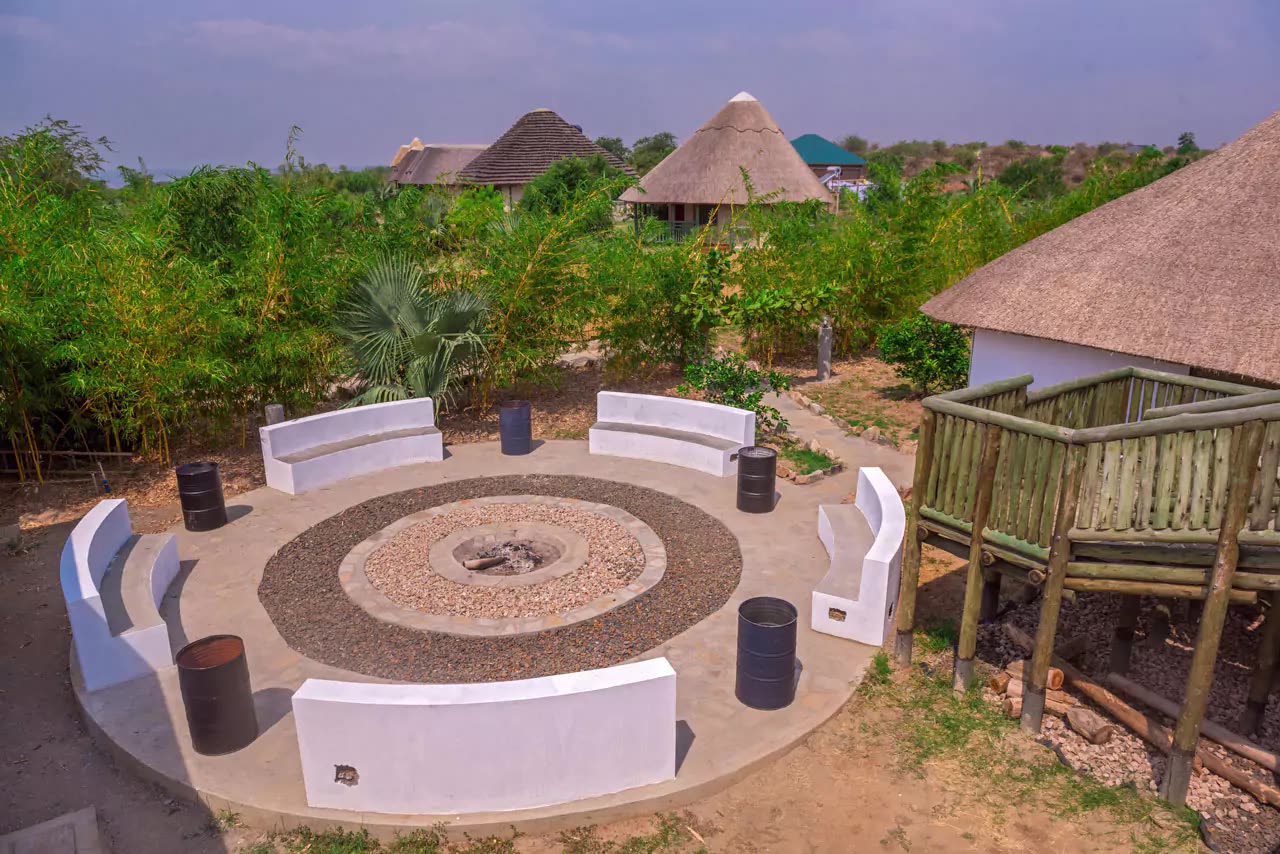 The circular fire pit and its seating terrace