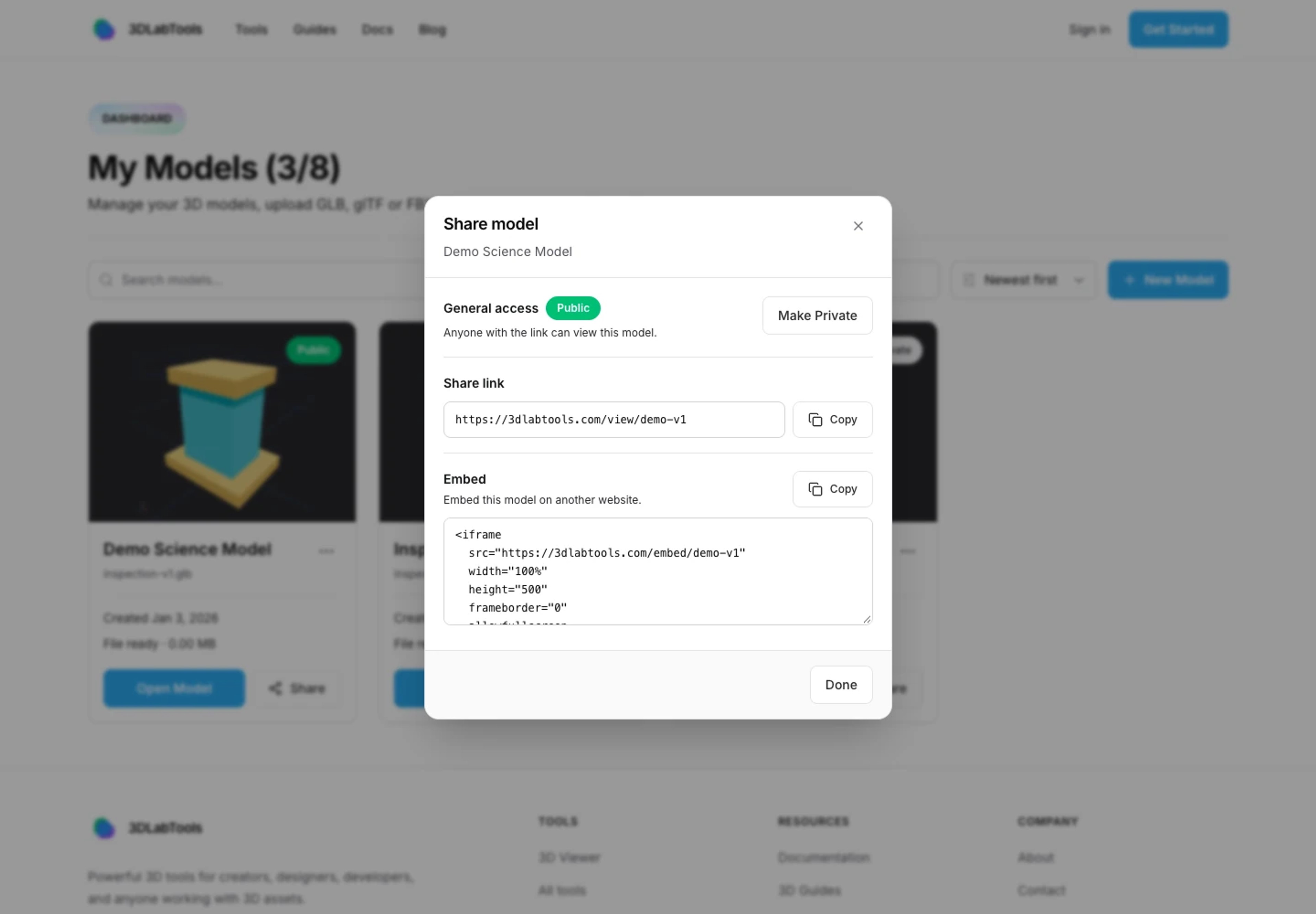 3DLabTools sharing dialog displaying public visibility, share link and embed code.