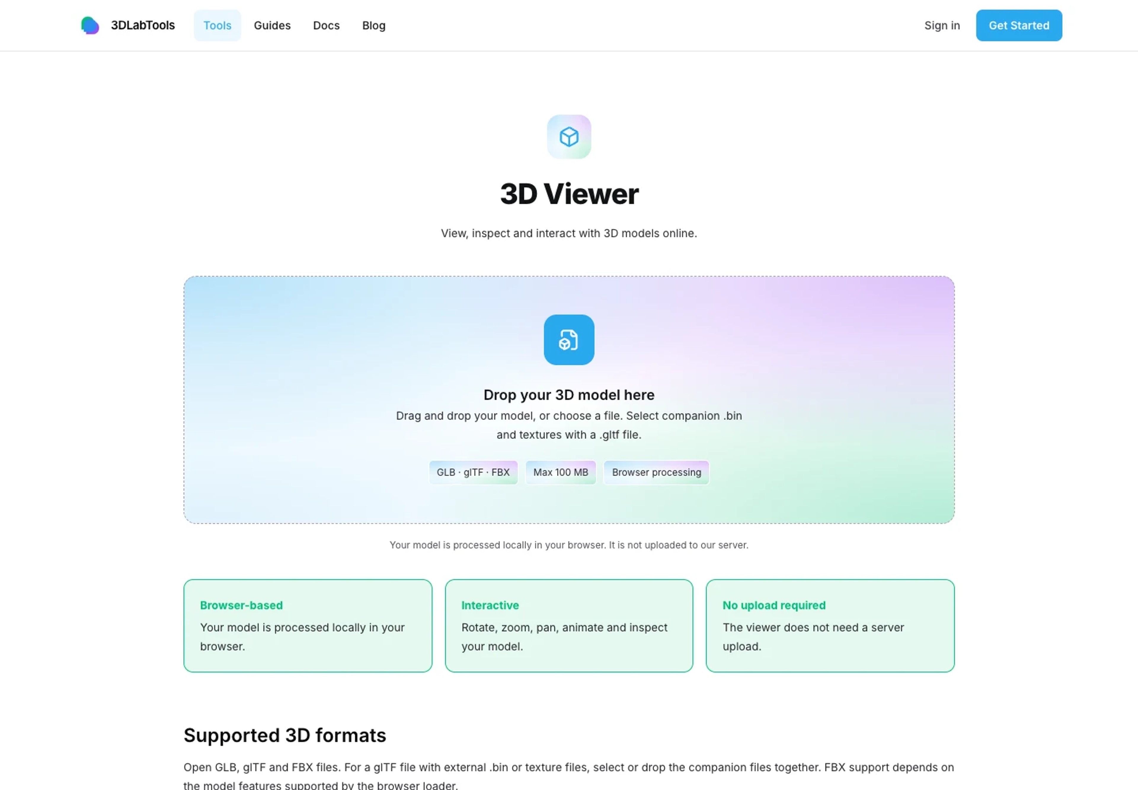 3DLabTools 3D Viewer with the model upload area ready for a file.