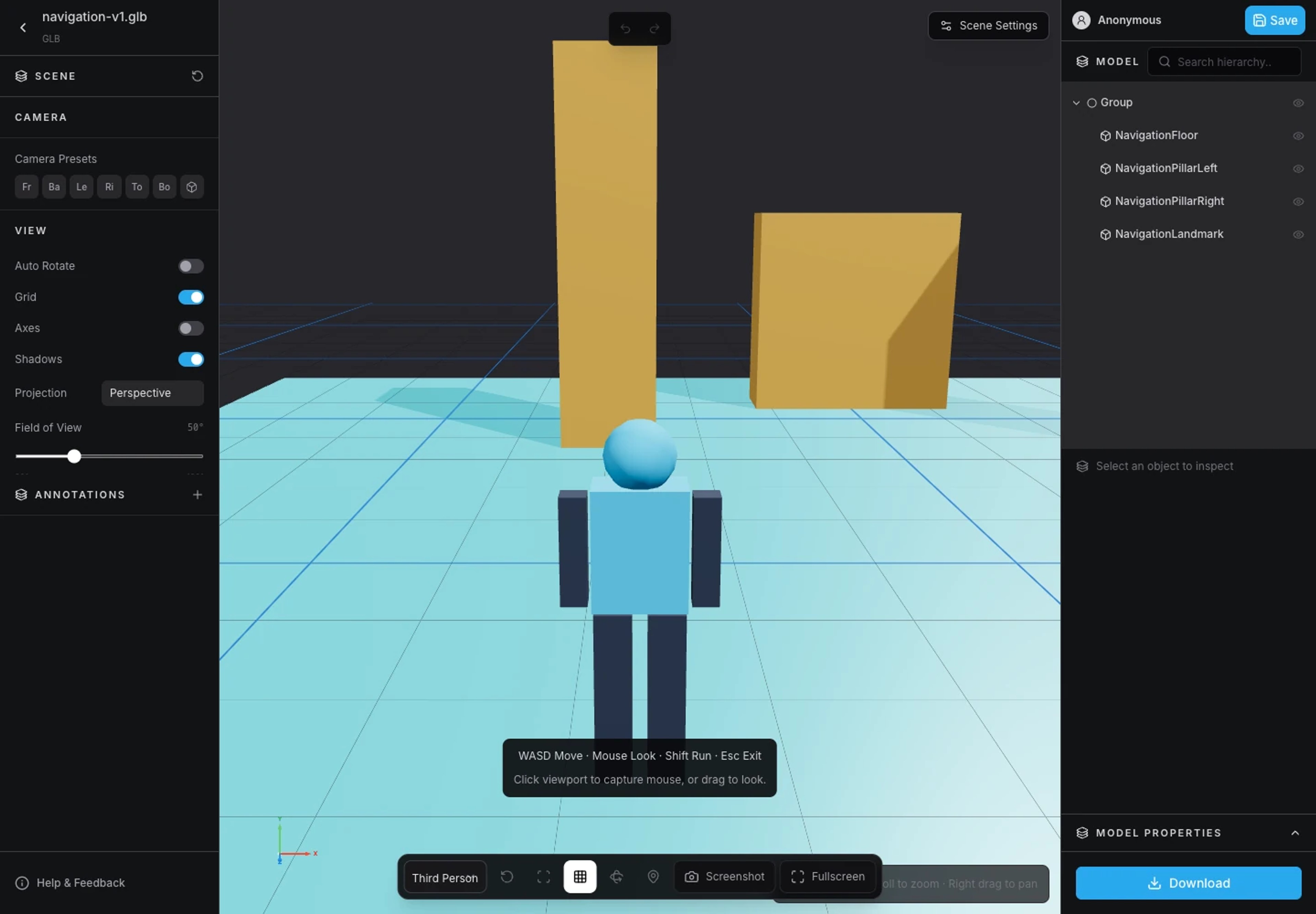 3DLabTools Third Person walkthrough with the character on the scene ground.
