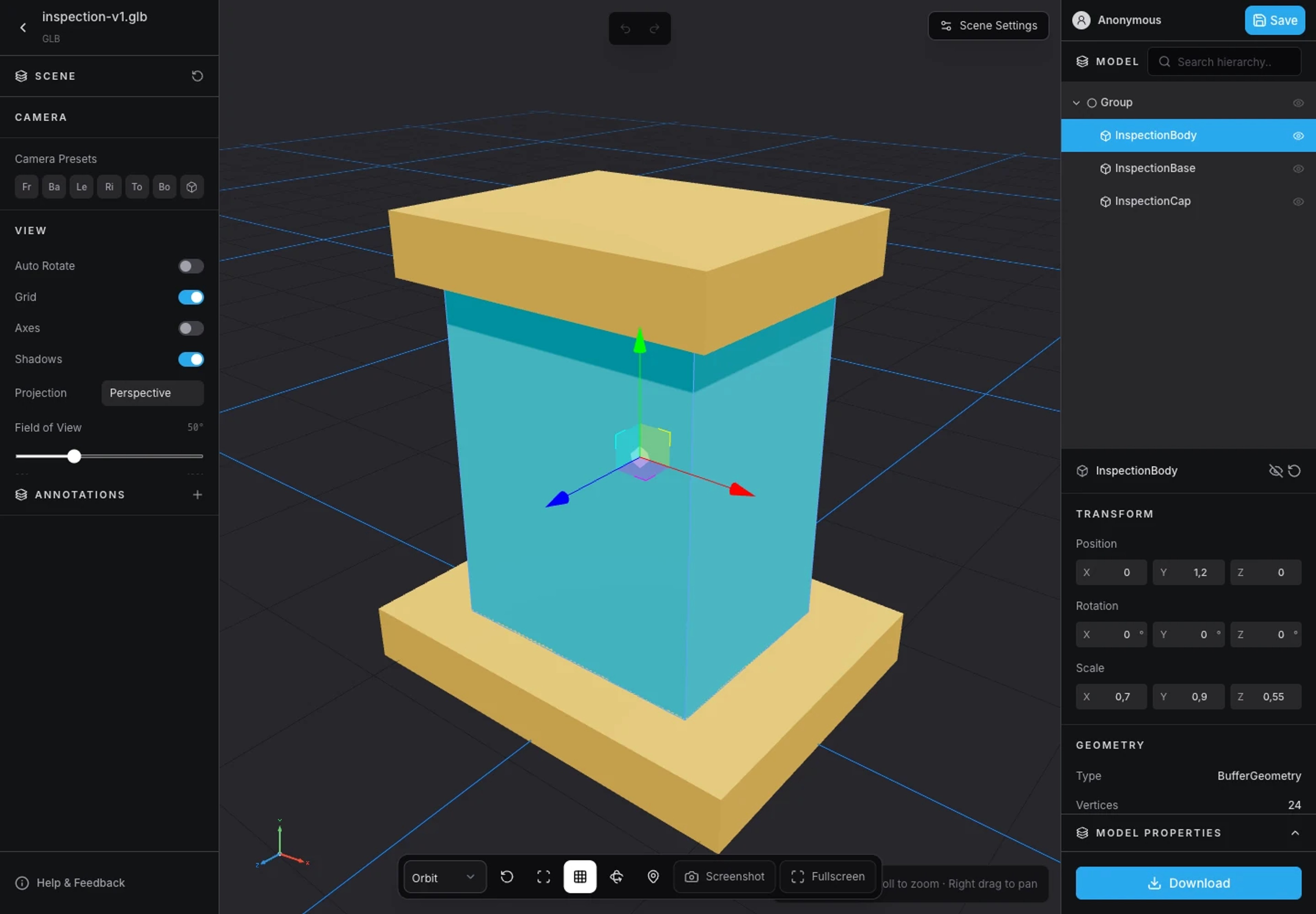 3DLabTools 3D Viewer showing named objects in the scene hierarchy.