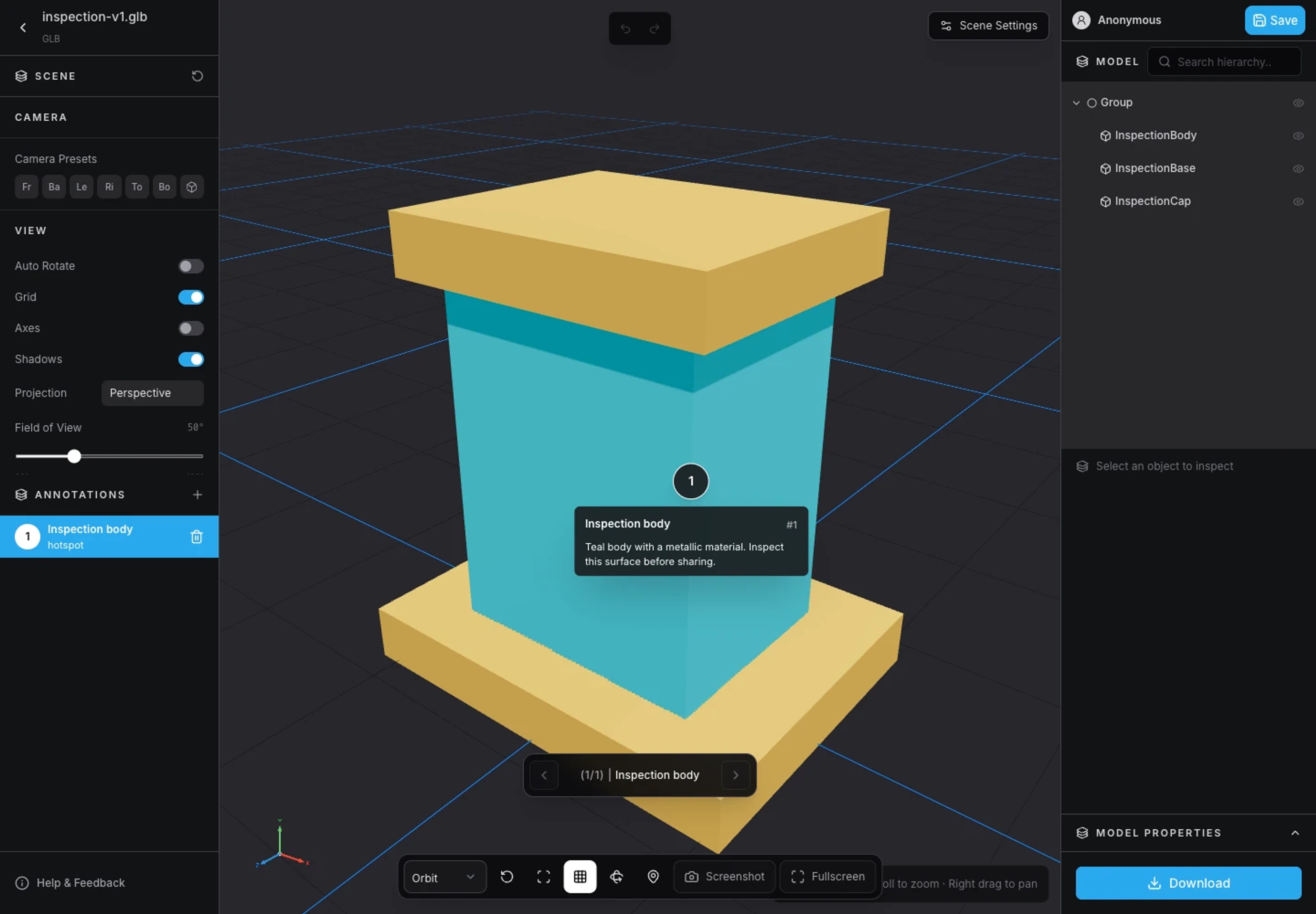 3DLabTools Viewer displaying an annotation hotspot on the model.