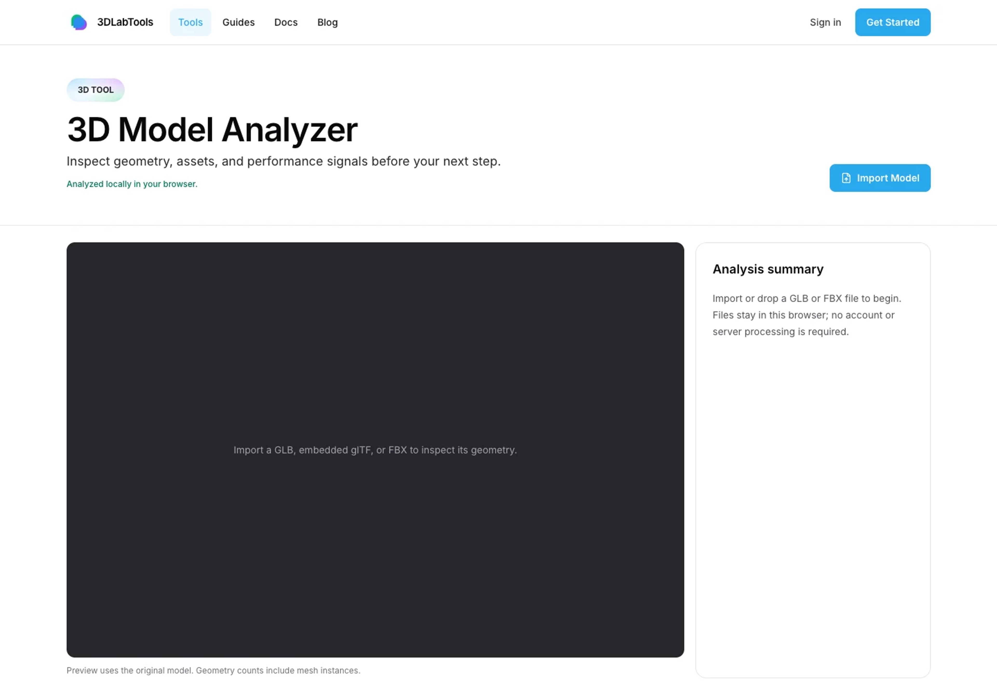3DLabTools Model Analyzer with its file upload area.
