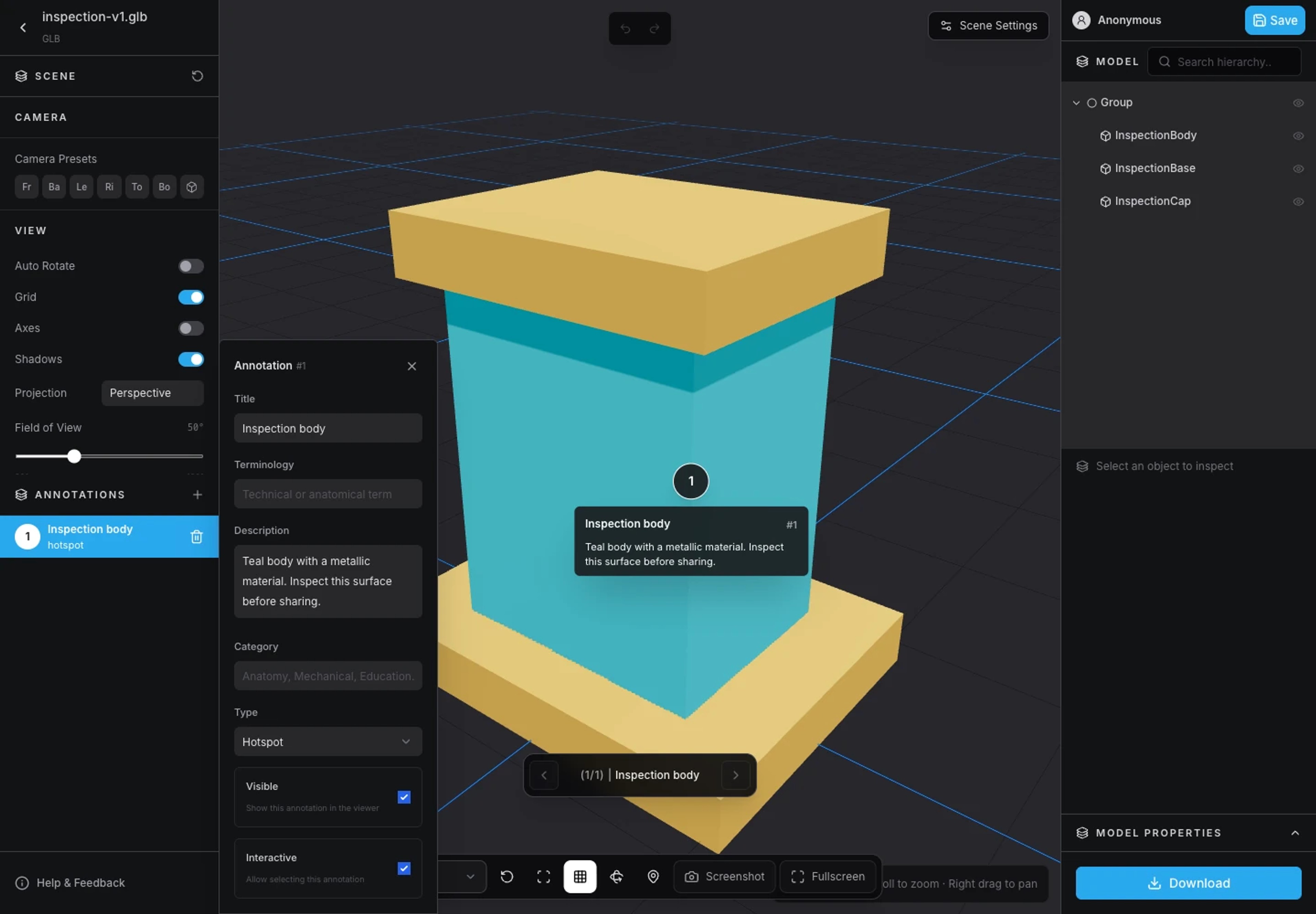 3DLabTools annotation editor with title and description controls.