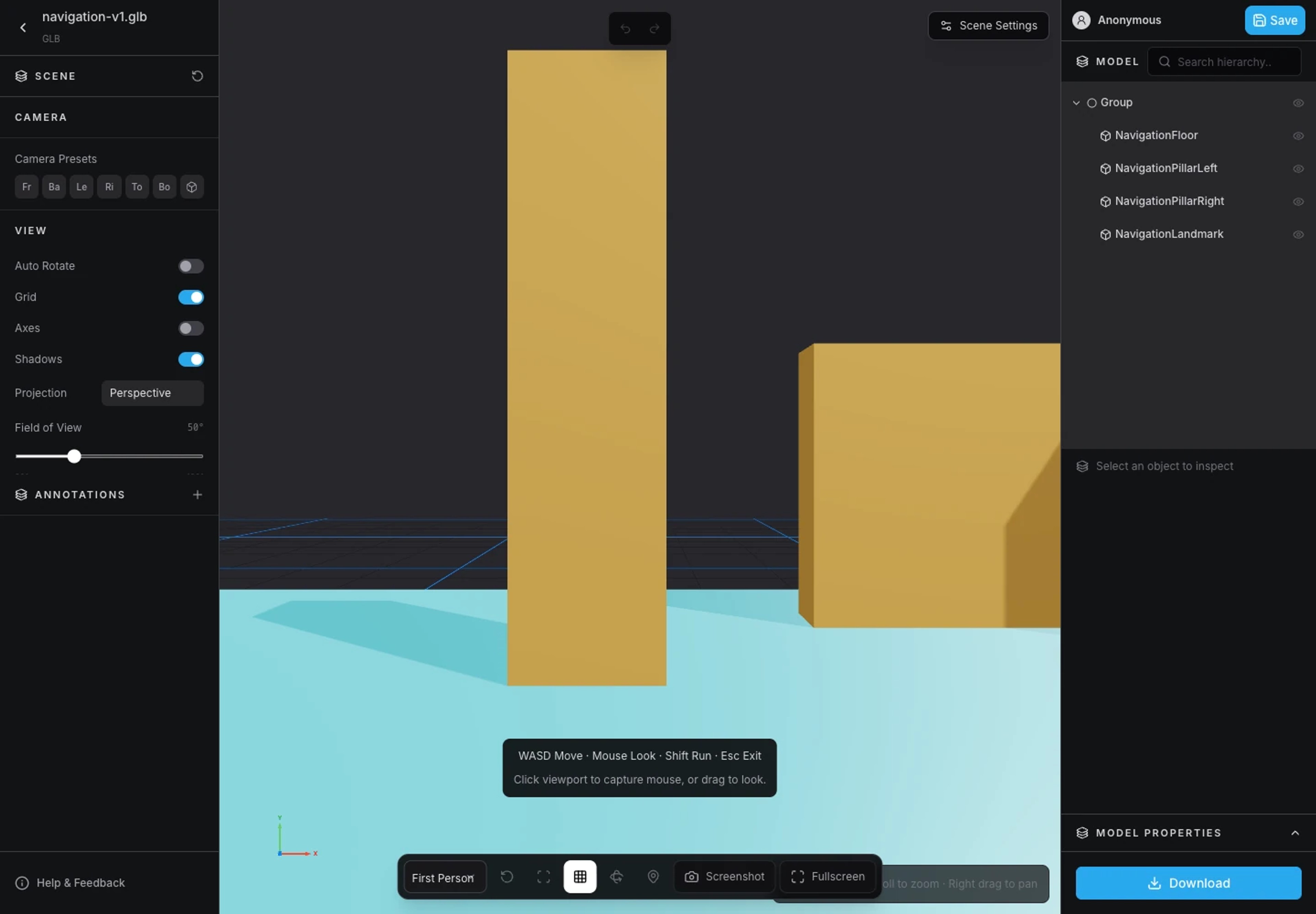 3DLabTools First Person walkthrough showing a procedural navigation scene.