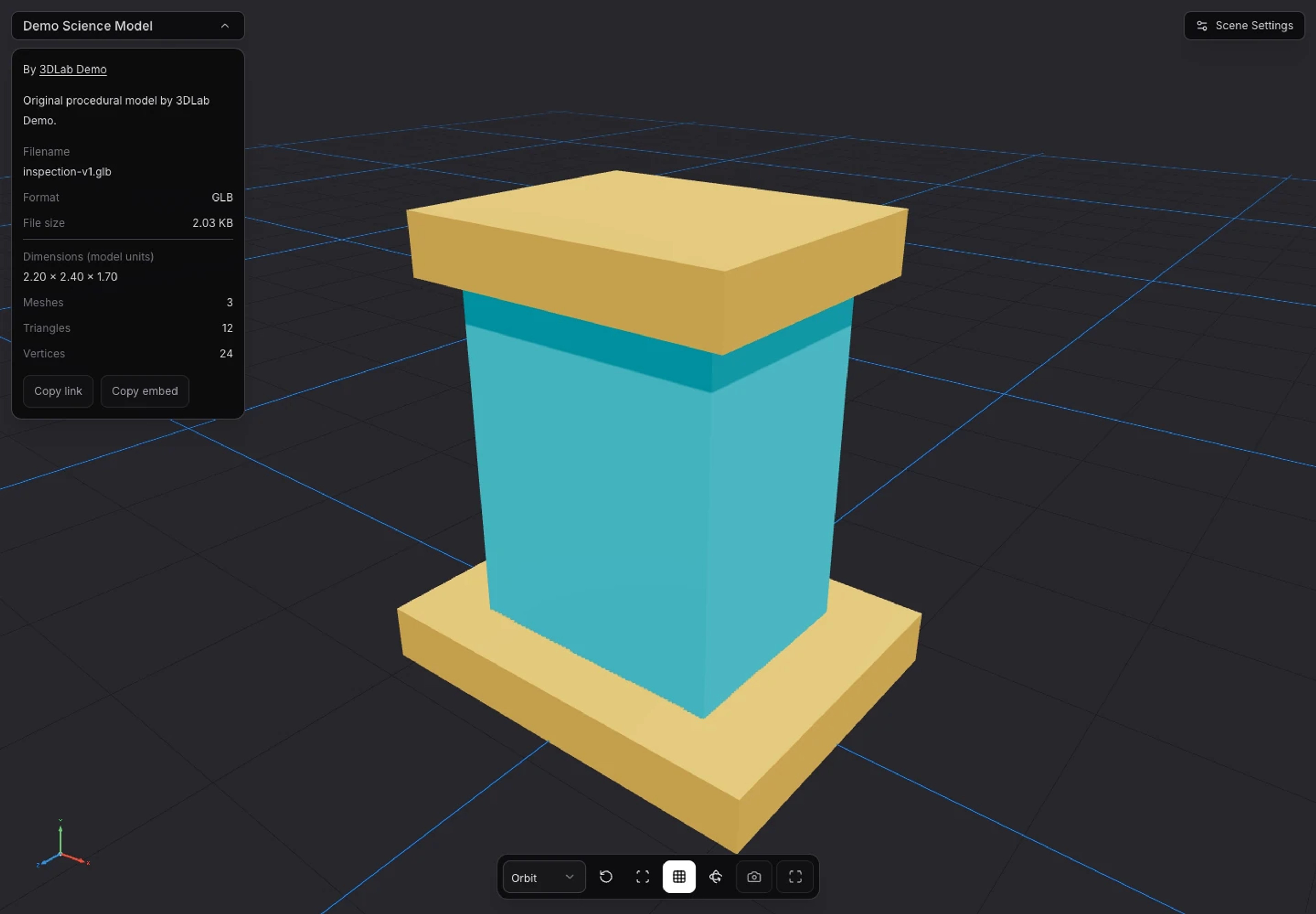 3DLabTools public share page showing a demonstration model.
