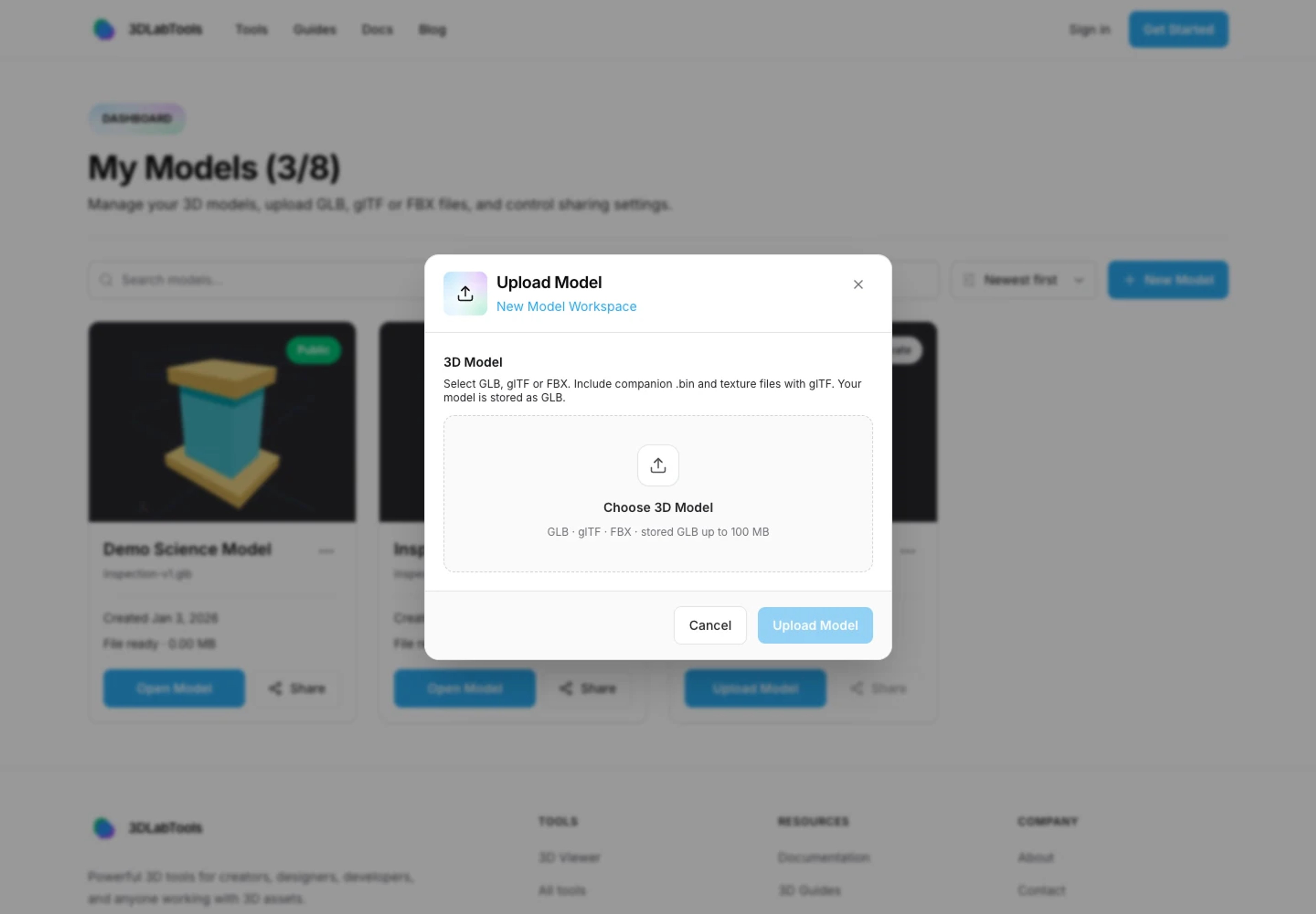 3DLabTools Dashboard upload dialog ready to choose a model.