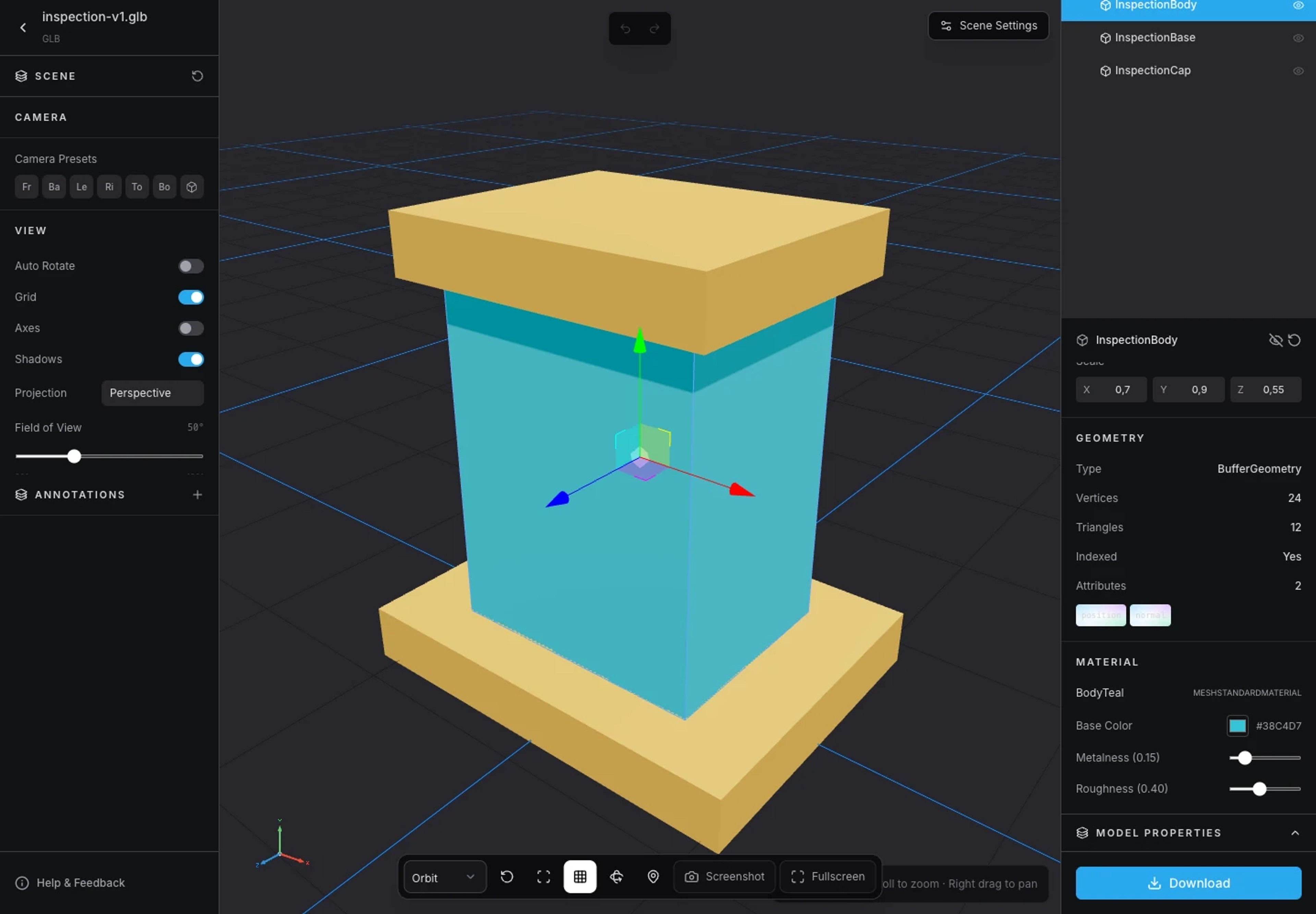 3DLabTools material inspector showing color, metalness and roughness.