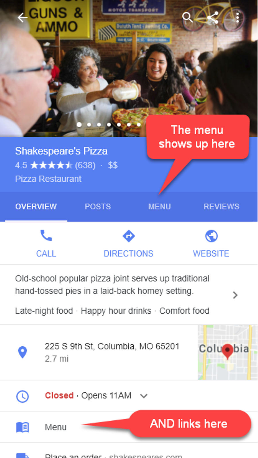 Example of restaurant menu included in knowledge panel using schema.org
