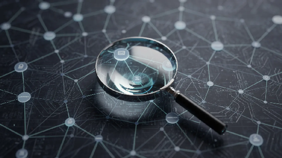 Magnifying glass over a web of interconnected nodes, representing a competitor backlink network.