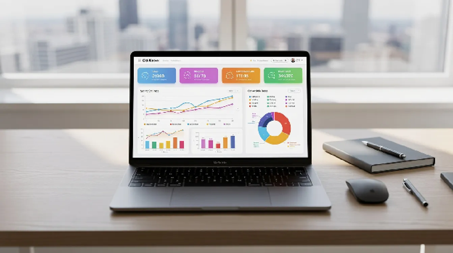 Laptop showing analytics dashboards used to monitor backlink profiles and referring domains.