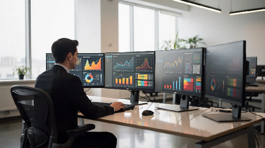 Analyst reviewing backlink metrics across multiple monitors in a modern office.