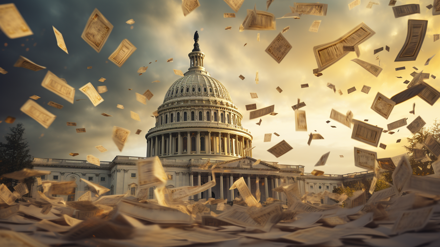 Rendering of the U.S. Capitol with letters flying all around it