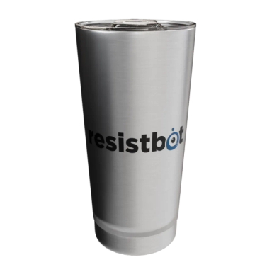 Metal tumbler with the Resistbot wordmark