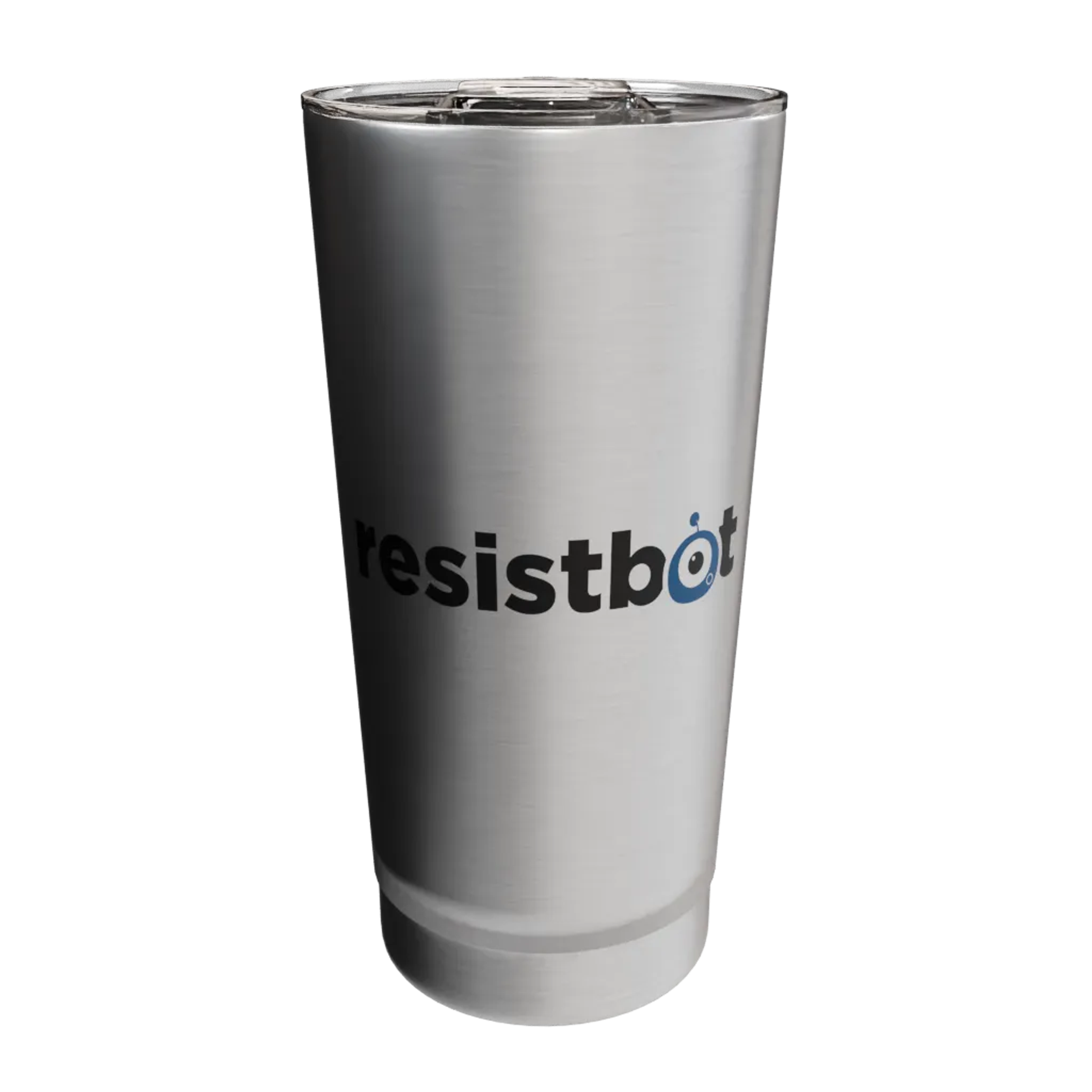 Metal tumbler with the Resistbot wordmark