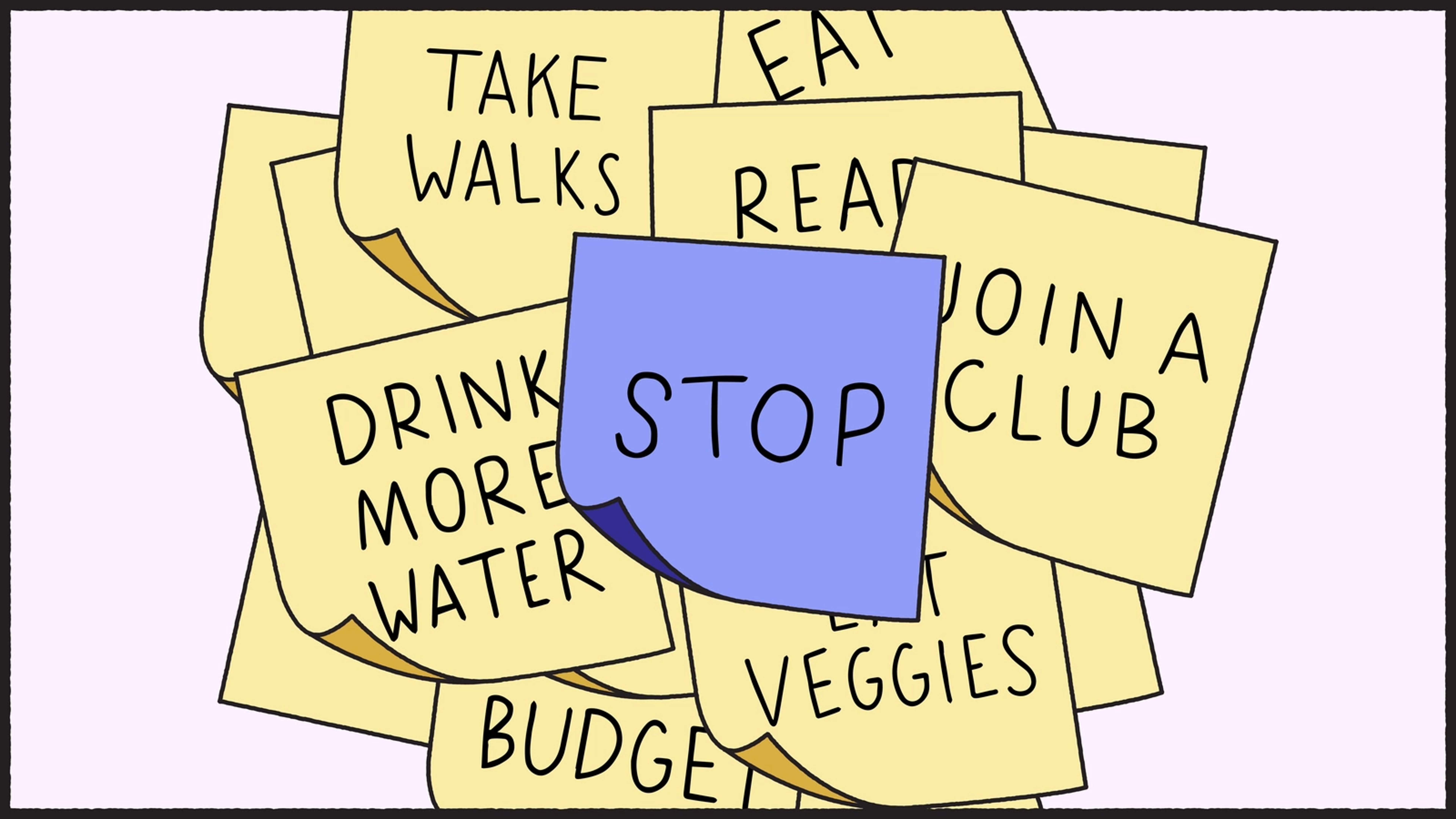 Illustration of New Year's resolutions on post-it notes, like take walks and drink more water, with a purple stop post-it note over the pile.