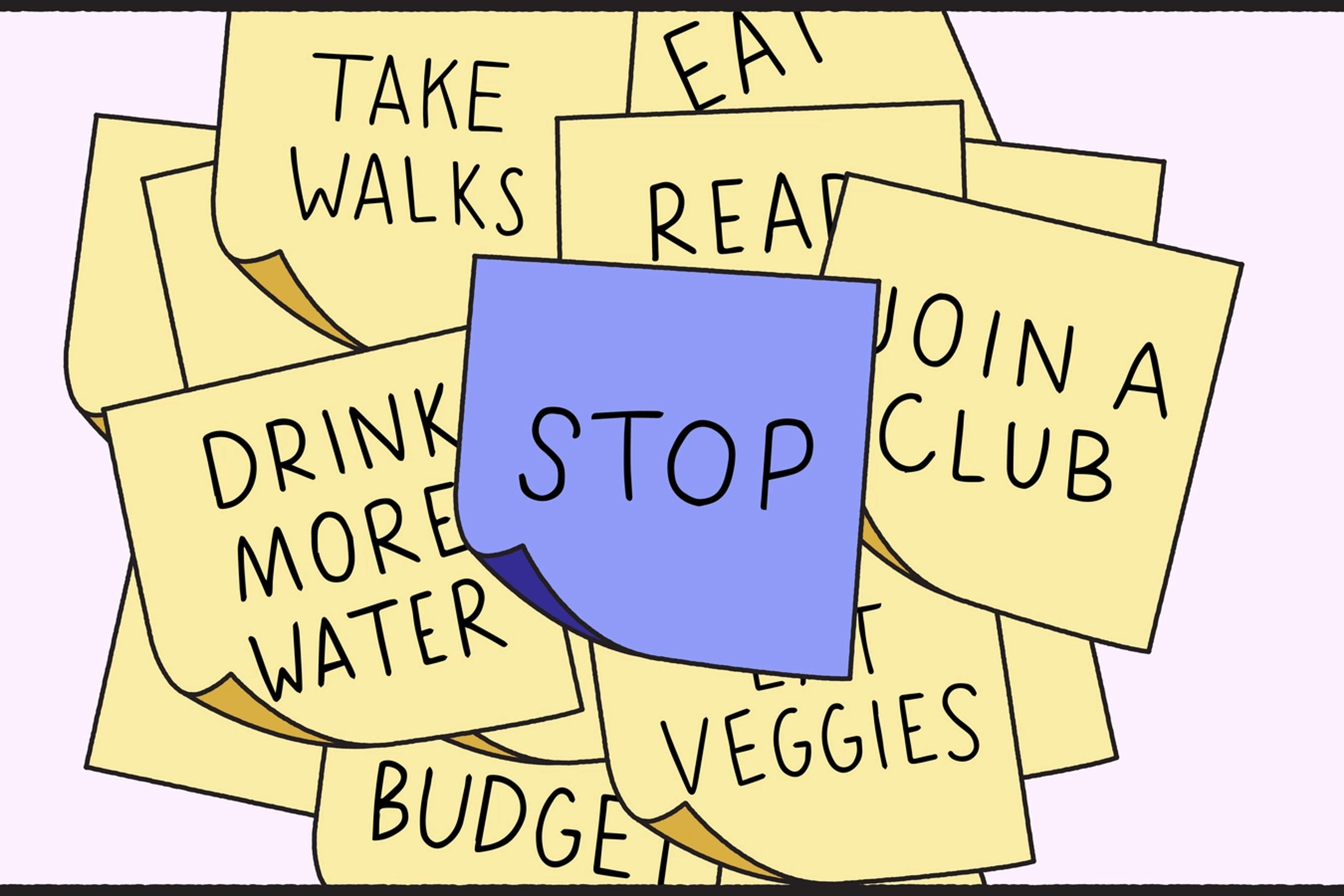 Illustration of New Year's resolutions on post-it notes, like take walks and drink more water, with a purple stop post-it note over the pile.