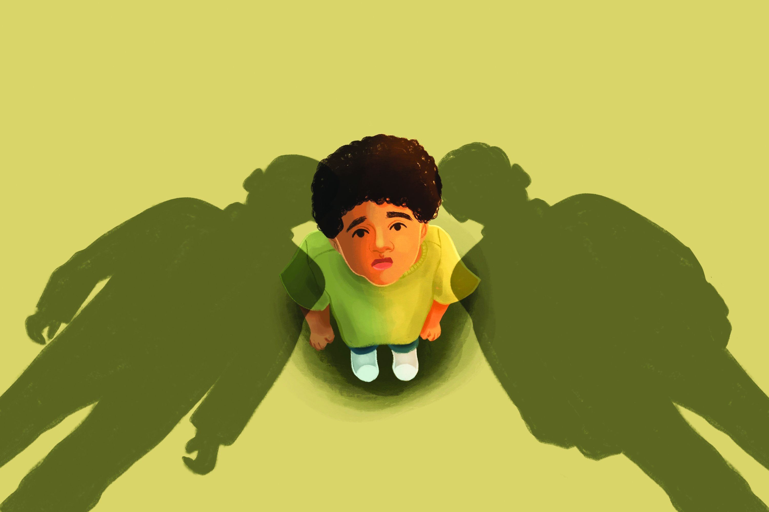 A child looking up with ominous shadows of caretakers around them.