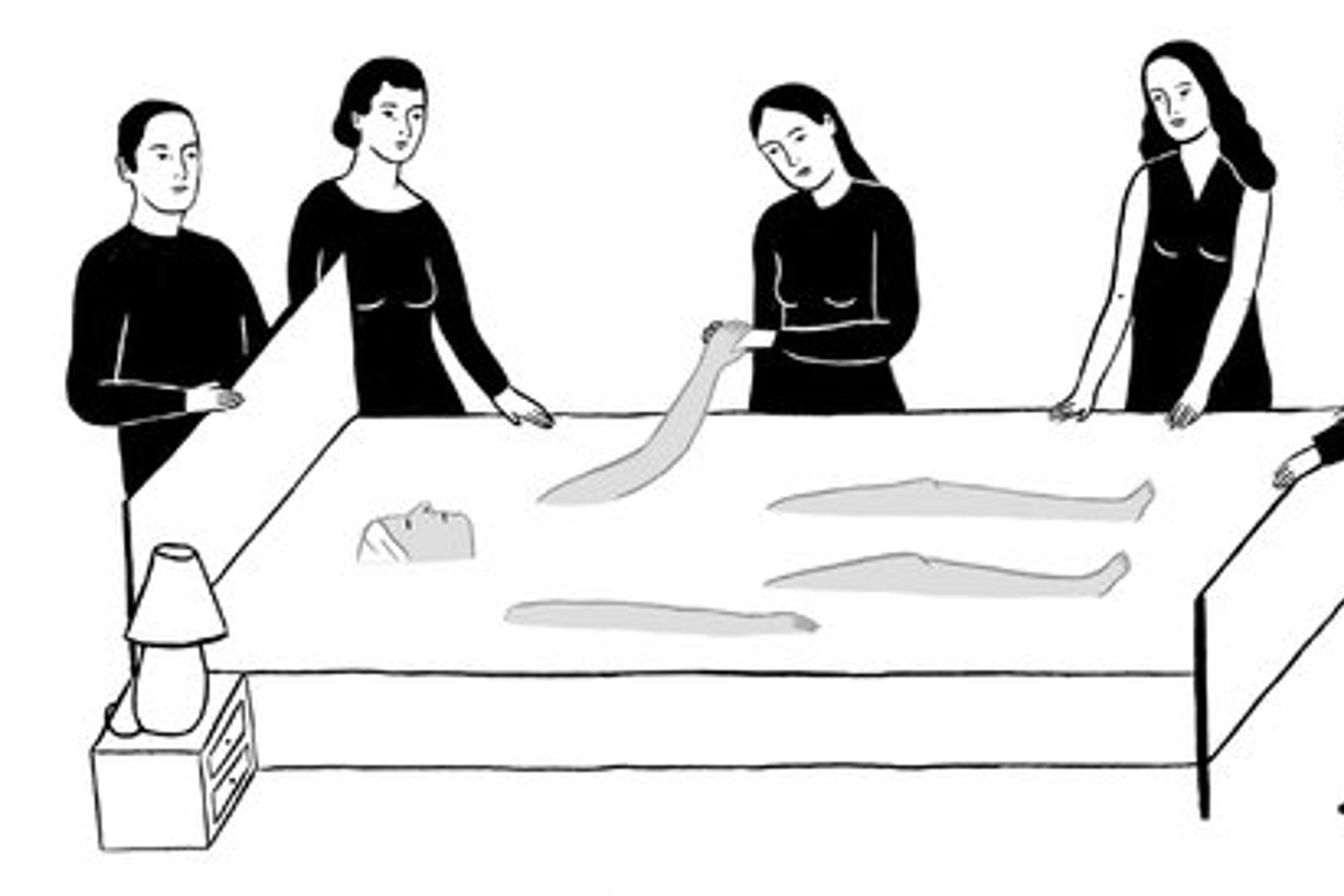 Black and white ethereal illustration of five people around a bed with one person lying in it, holding the hand of one of the people around it