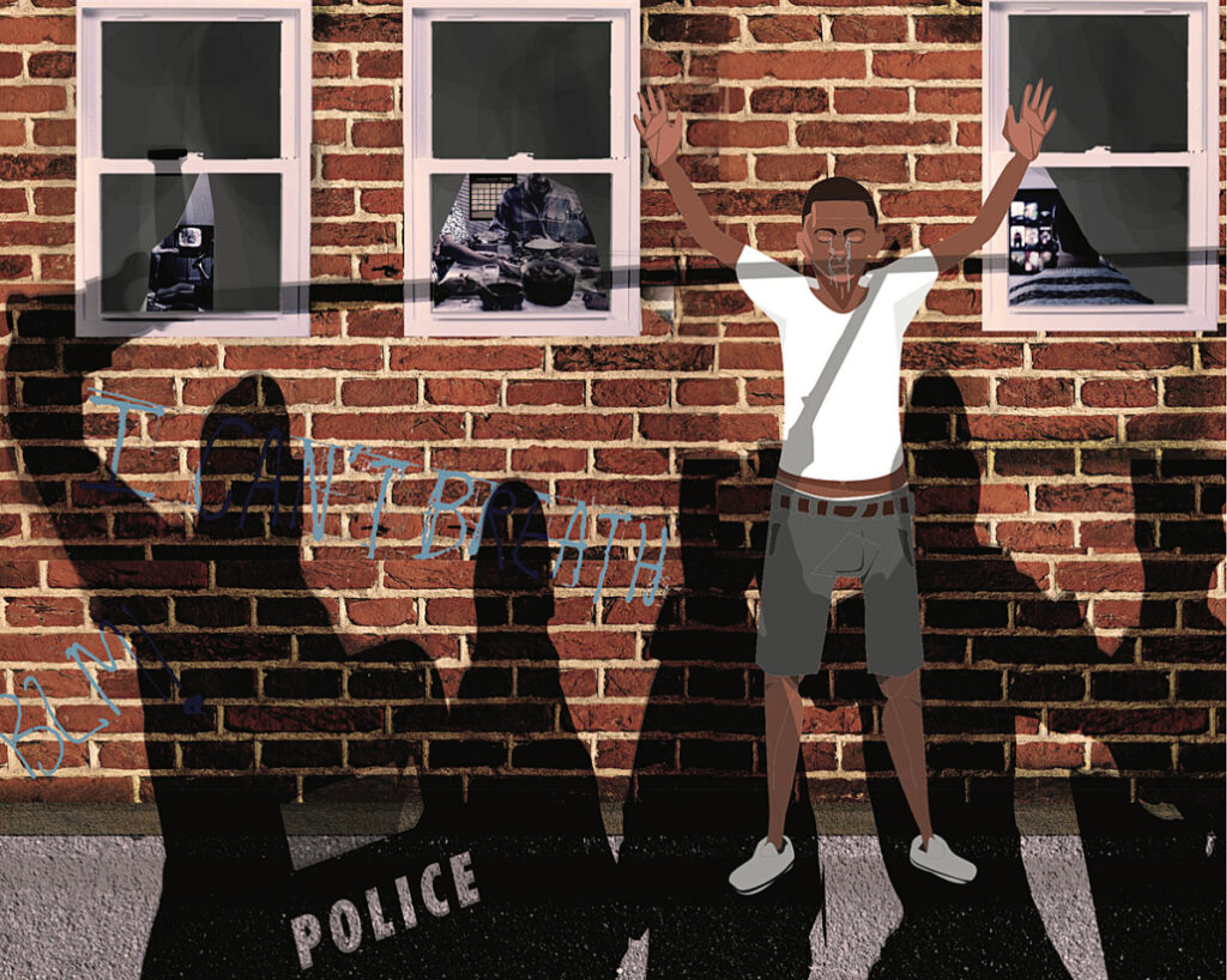 Illustration of black man with hands up in front of a brick wall with the shadows of five police officers cast over him